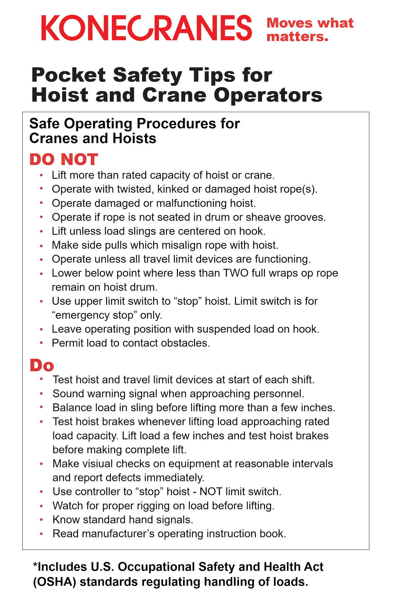 Industrial safety and compliance reference sheet for M. Cohen & Sons / Konecranes organizing high-density technical data including chain/cable load capacity charts, standard crane hand signals and essential operational safety guidelines into a clear, high-legibility layout.