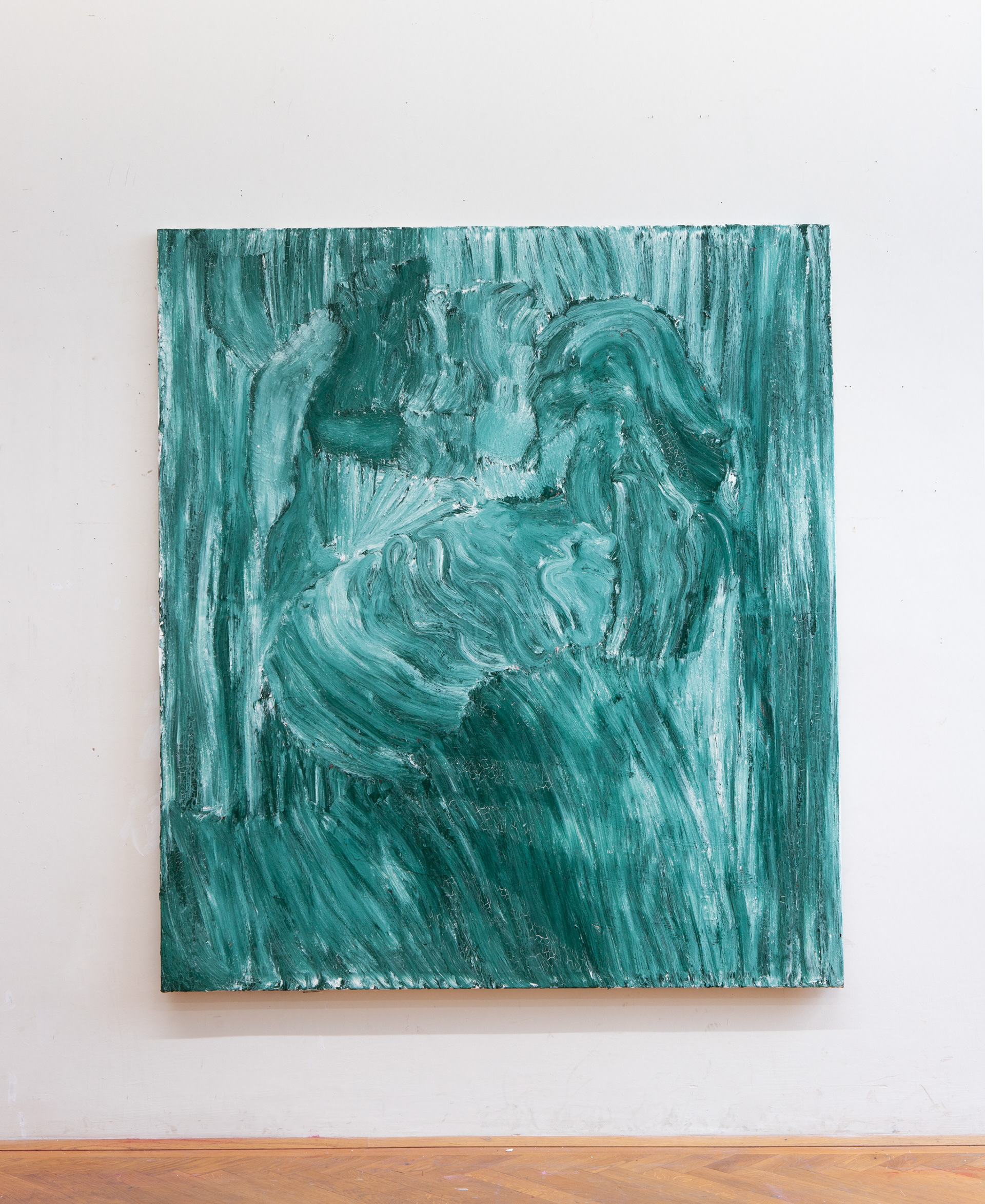 Figur Blau-Grün, Lack und Gesso auf Baumwolle