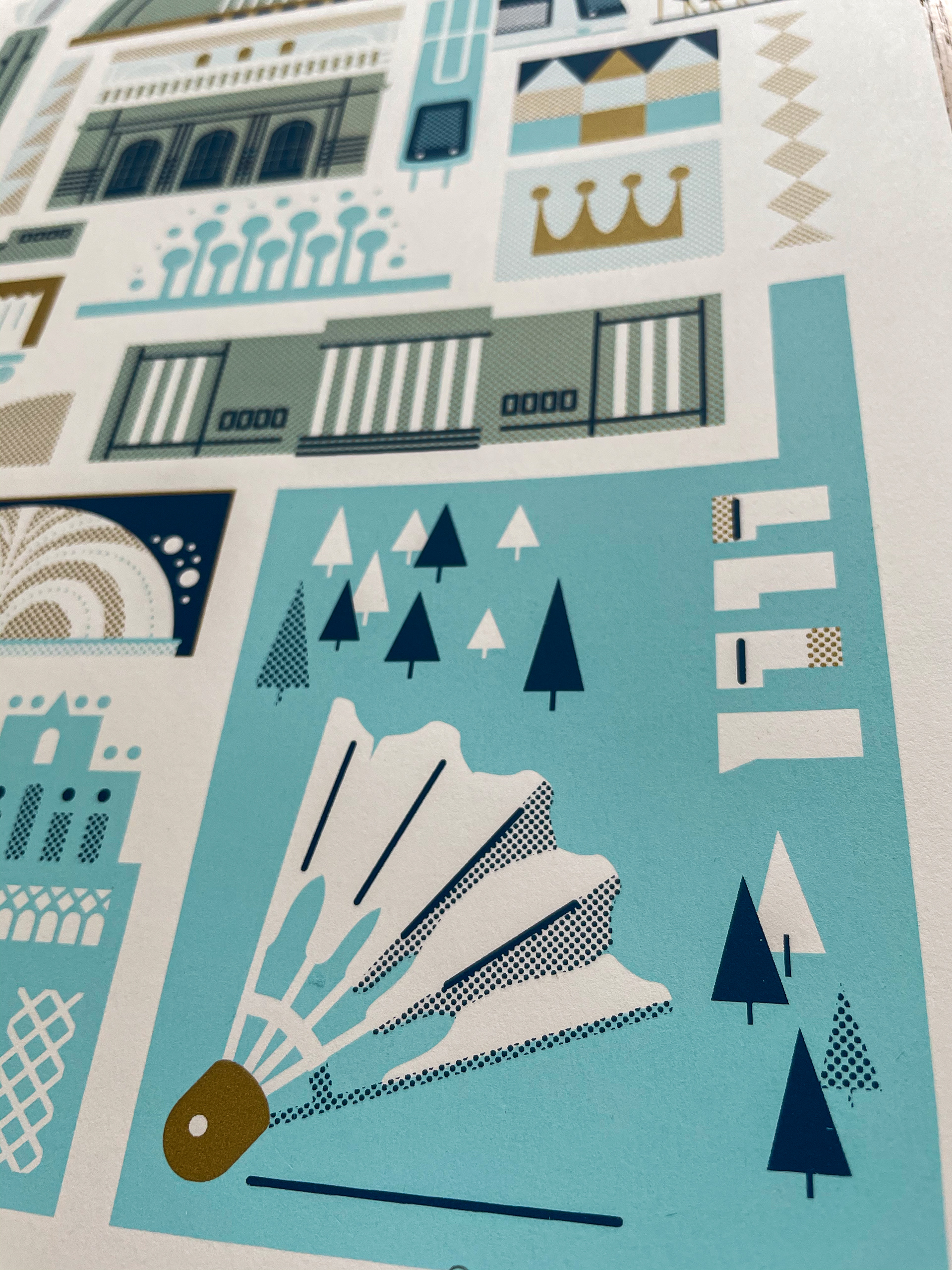 Detail of the Kansas City Landmark print; with the Nelson-Atkins Museum and Shuttlecock sculpture.