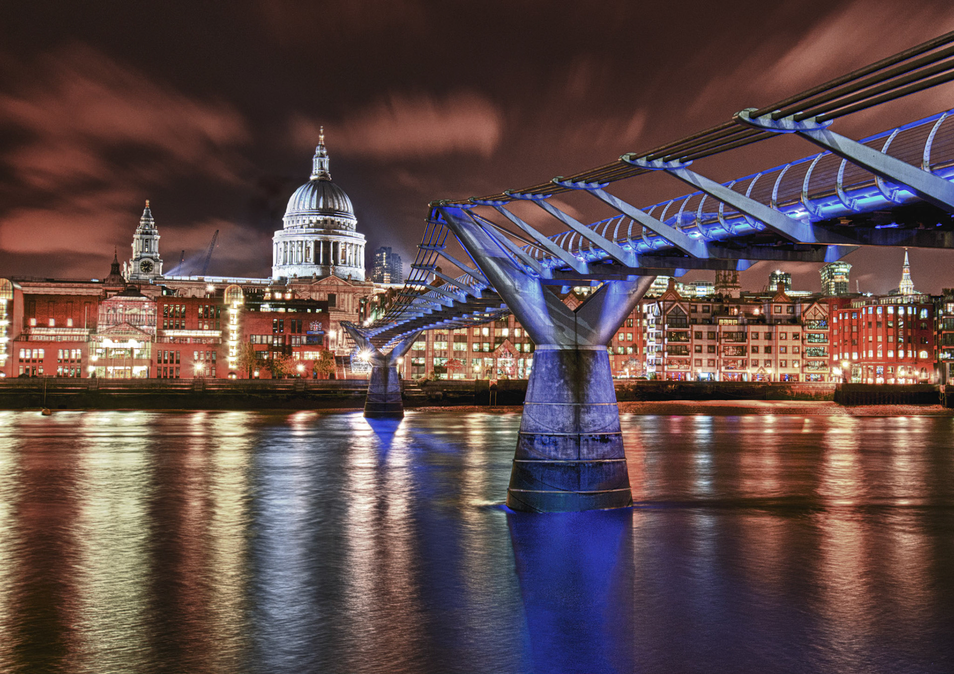Millenium Bridge and st Pauls by night