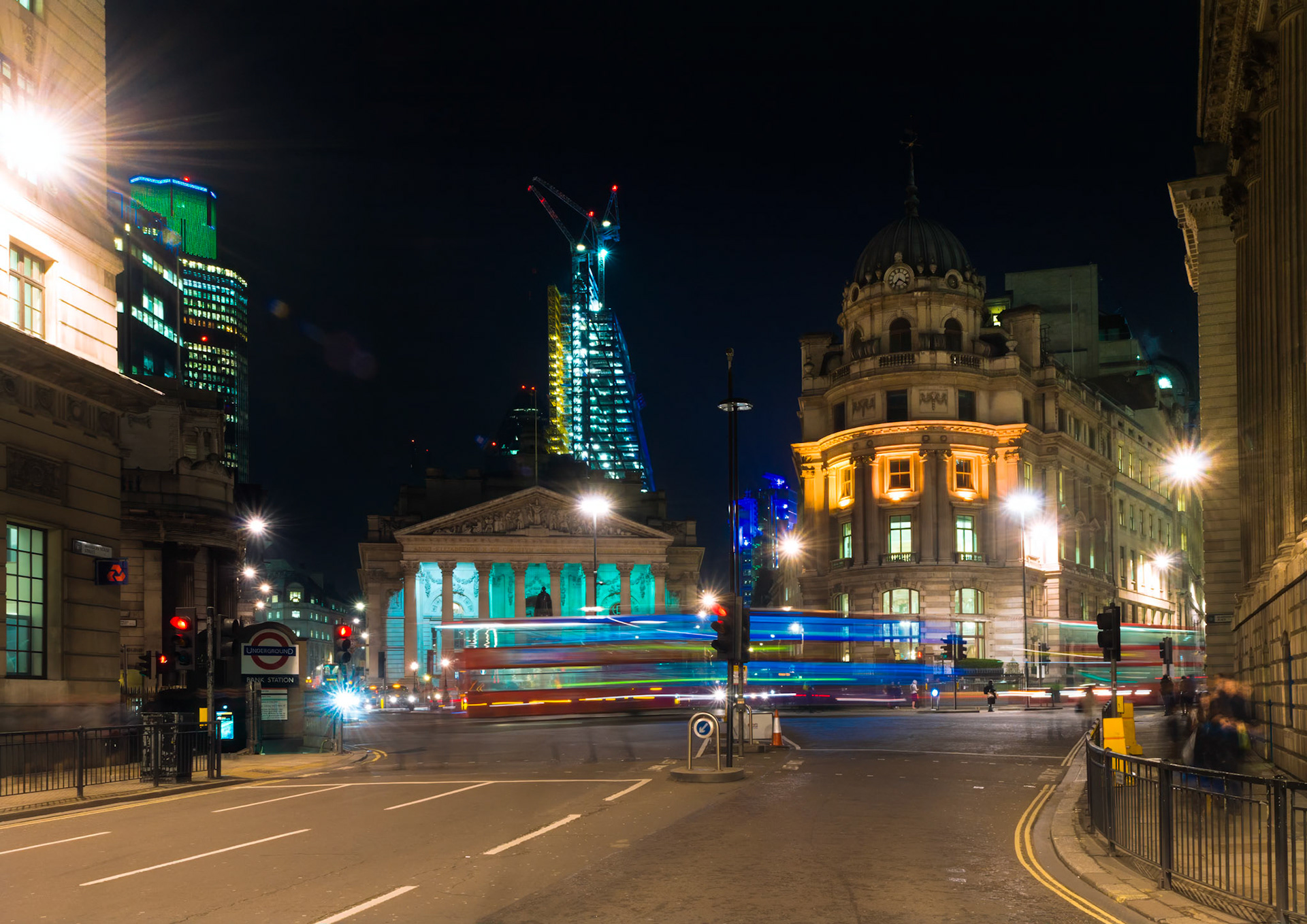 Royal Exchange junction by night, London