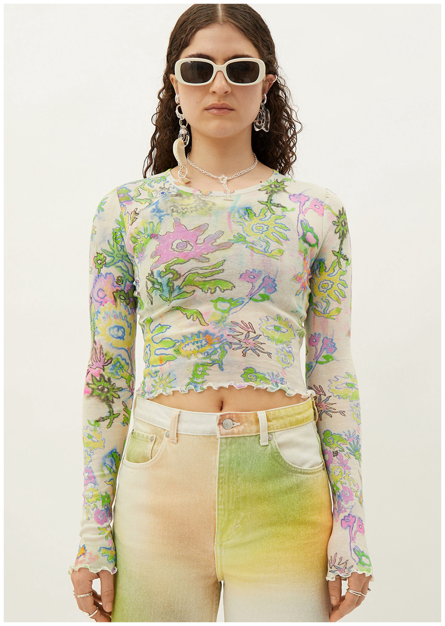 Hand-painted all over print, jersey top. Placement print for denim.