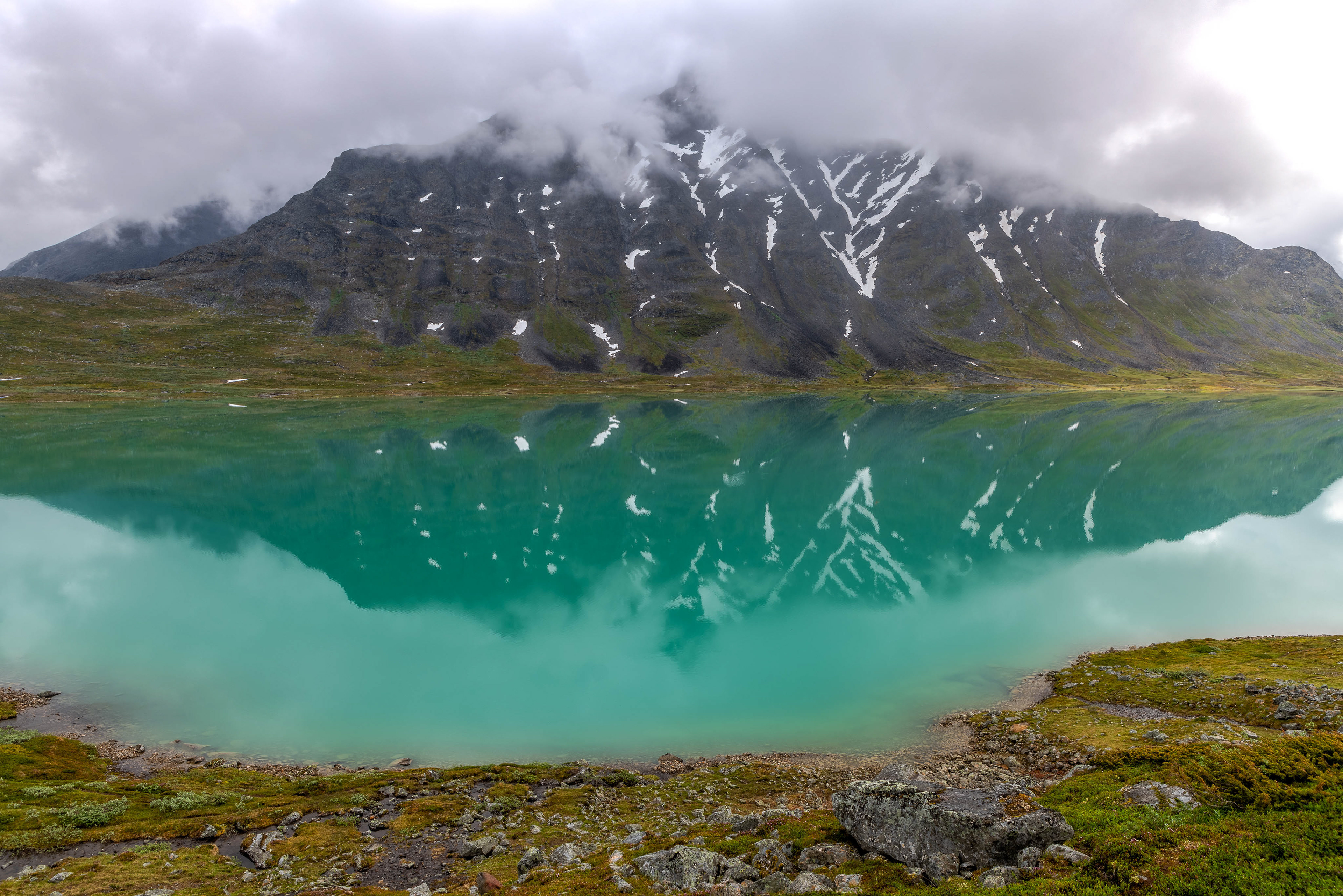 Lake Bierikjavrre and Bierikbakte (1789m) in the clouds