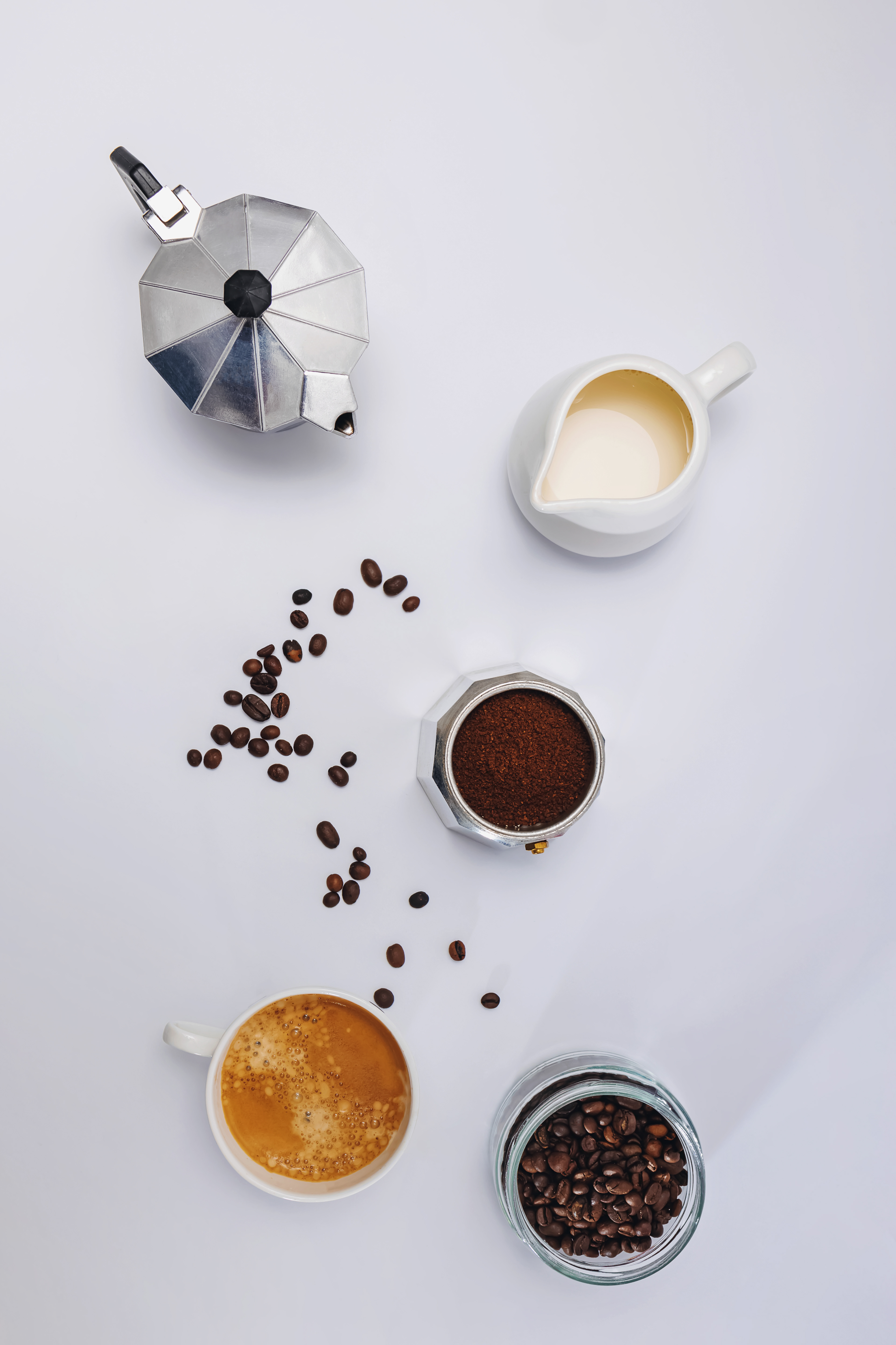 Coffee flat lay, overhead