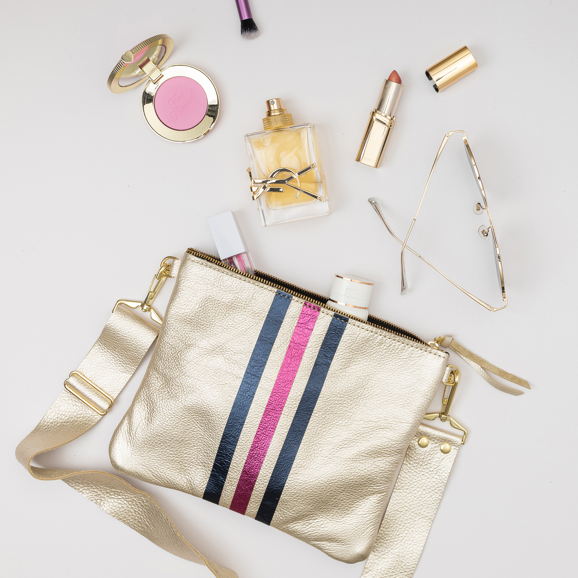 Doubletake Bags - Gold crossbody, accessories flat lay