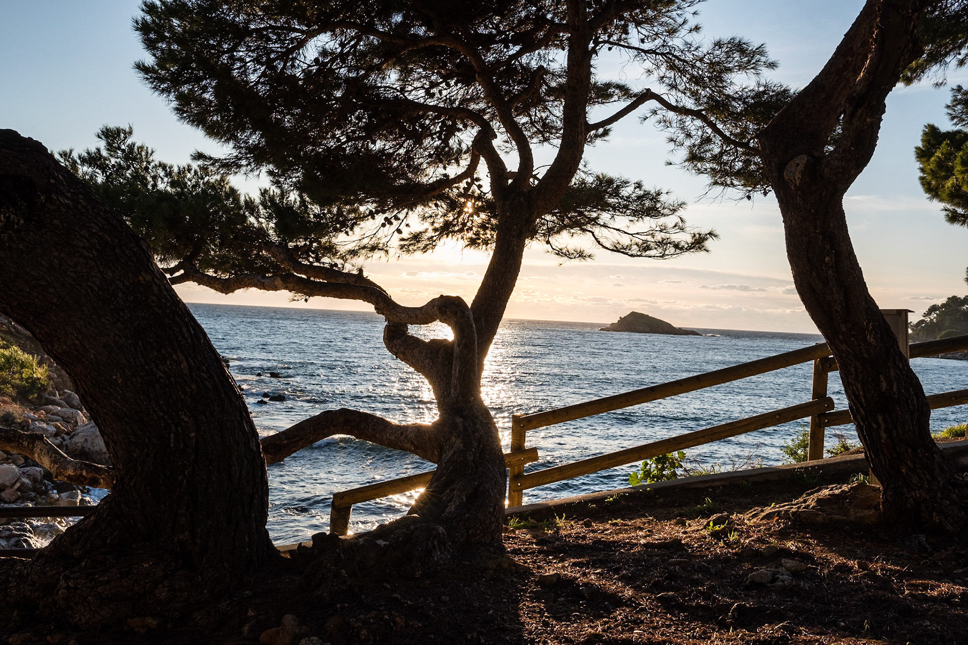 Coucher de soleil sur le sentier du Littoral. Bandol, Var, France.