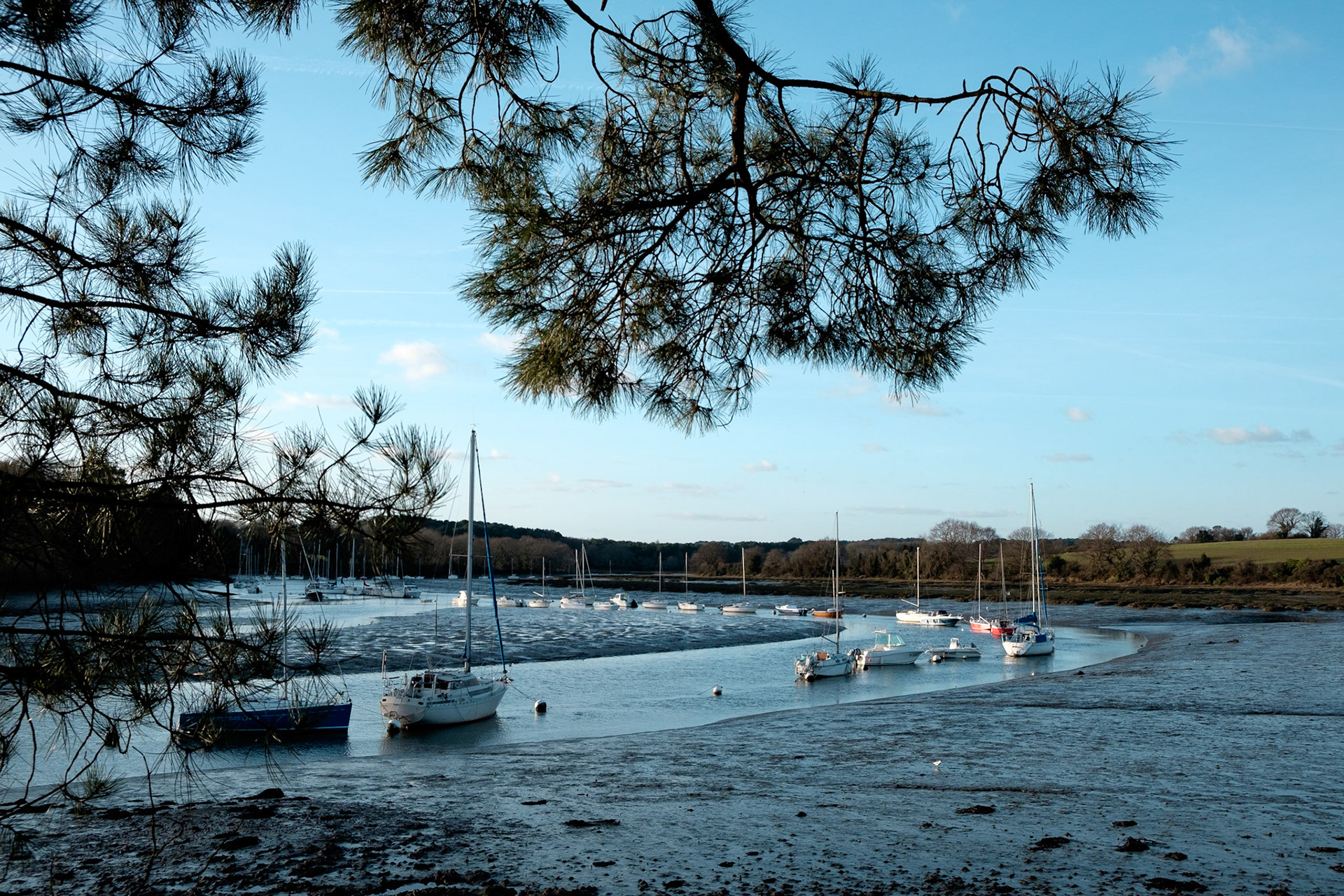 Bateaux à marée basse, presqqu'ile de Conleau, Vannes, Bretagne, France.