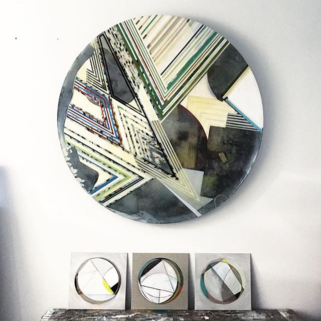 In the Studio, Toronto. > A collection of various studies and the primary Pattern Integrity painting. This view showcases the "practical dreamer" approach to building complex structural theories into physical forms.
