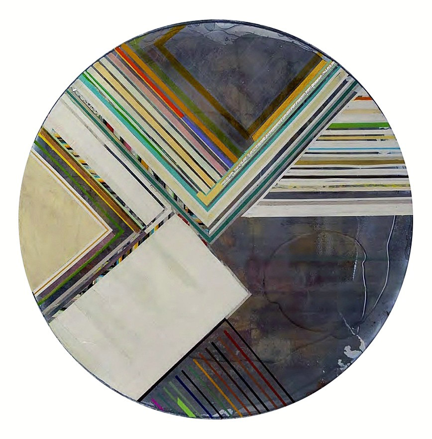 Pattern Integrity: Universal Truth, 2014. Mixed Media on Wood Panel. 153cm Diameter. Exploring the search for cosmic order through rhythmic layering and maximum tension.