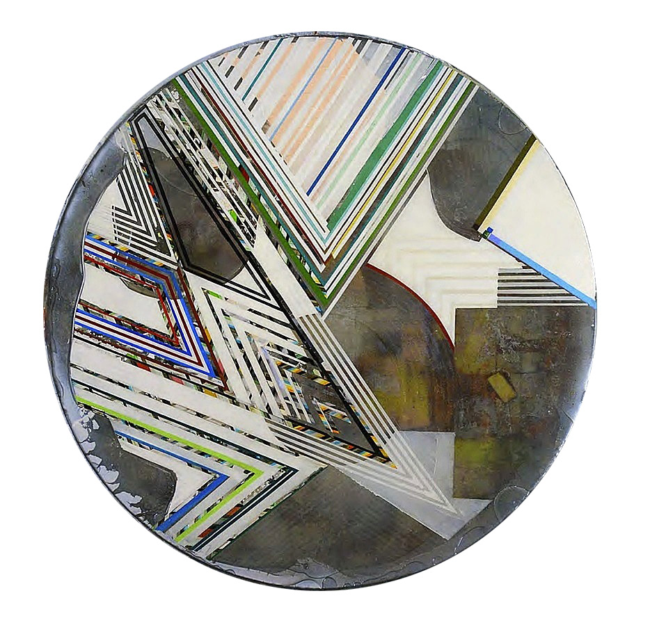 Structural Optimism, 2014. Mixed Media on Perspex. 122cm Diameter. An investigation into Buckminster Fuller’s concept of geometric interconnectedness, where balanced forces are translated through translucent glazes.