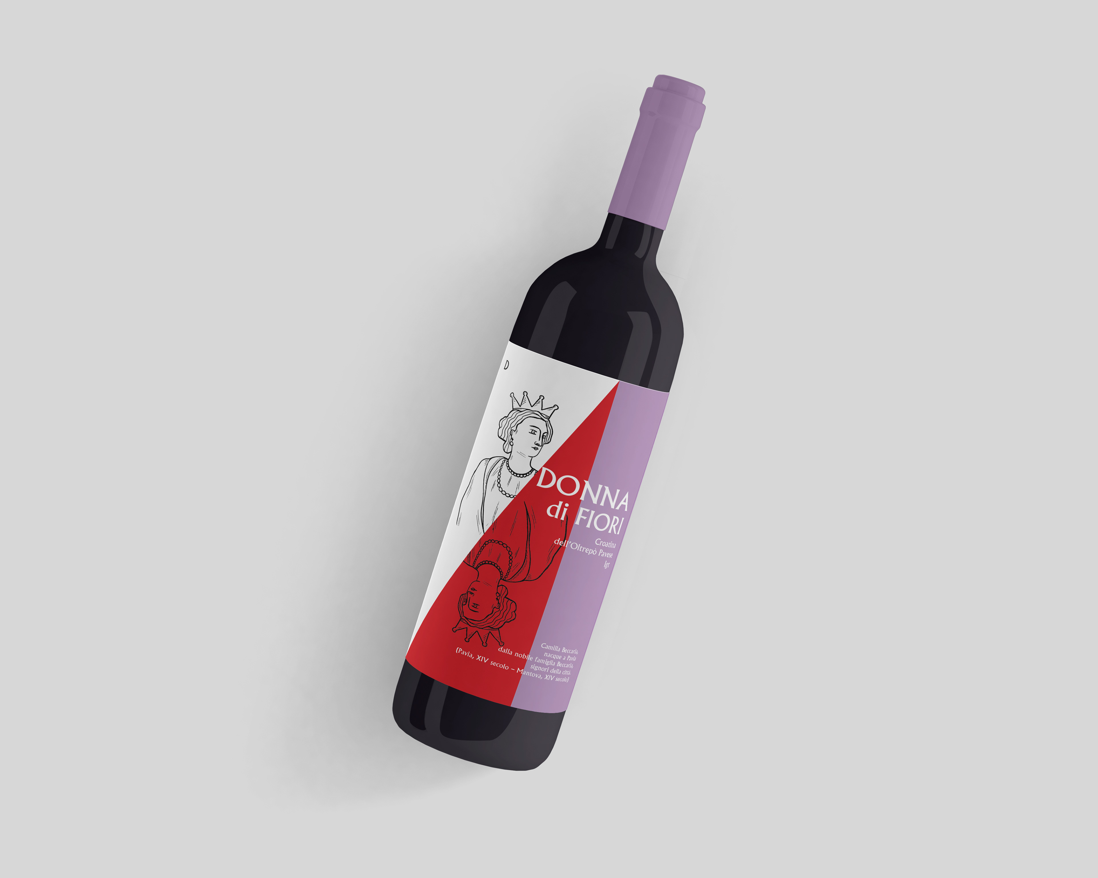 Croatina Oltrepò Pavese Rosso Doc “DONNA DI FIORI”, ispirata a Camilla Beccaria (Pavia, XIV secolo – Mantova, XIV secolo) nobildonna che nacque a Pavia dalla nobile famiglia Beccaria, signori della città.