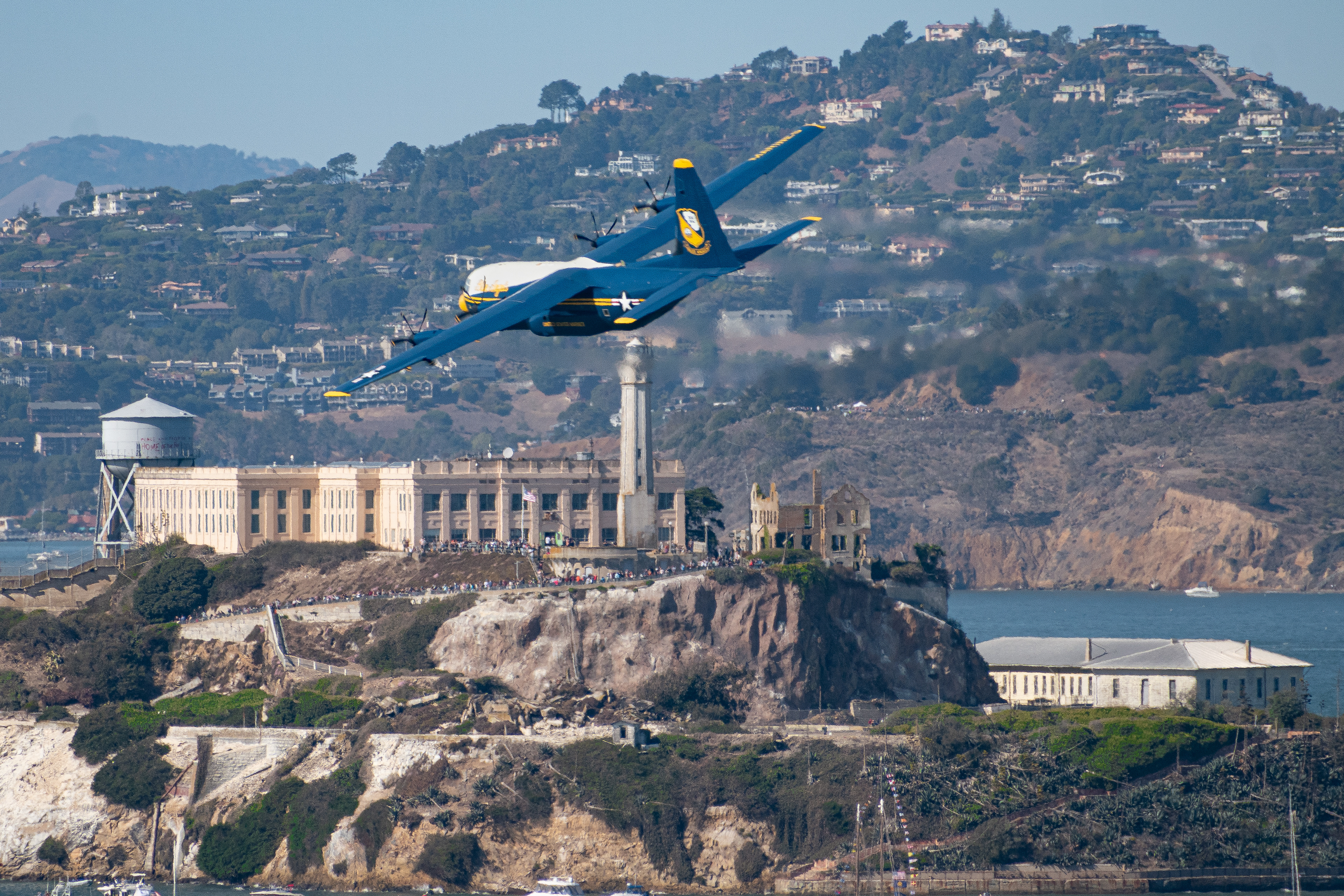 US Navy Blue Angels Fat Albert flies in front of Alcatraz