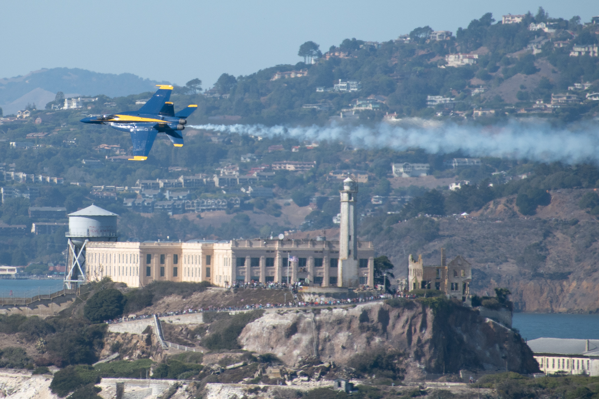 US Navy Blue Angels fly in front of Alcatraz