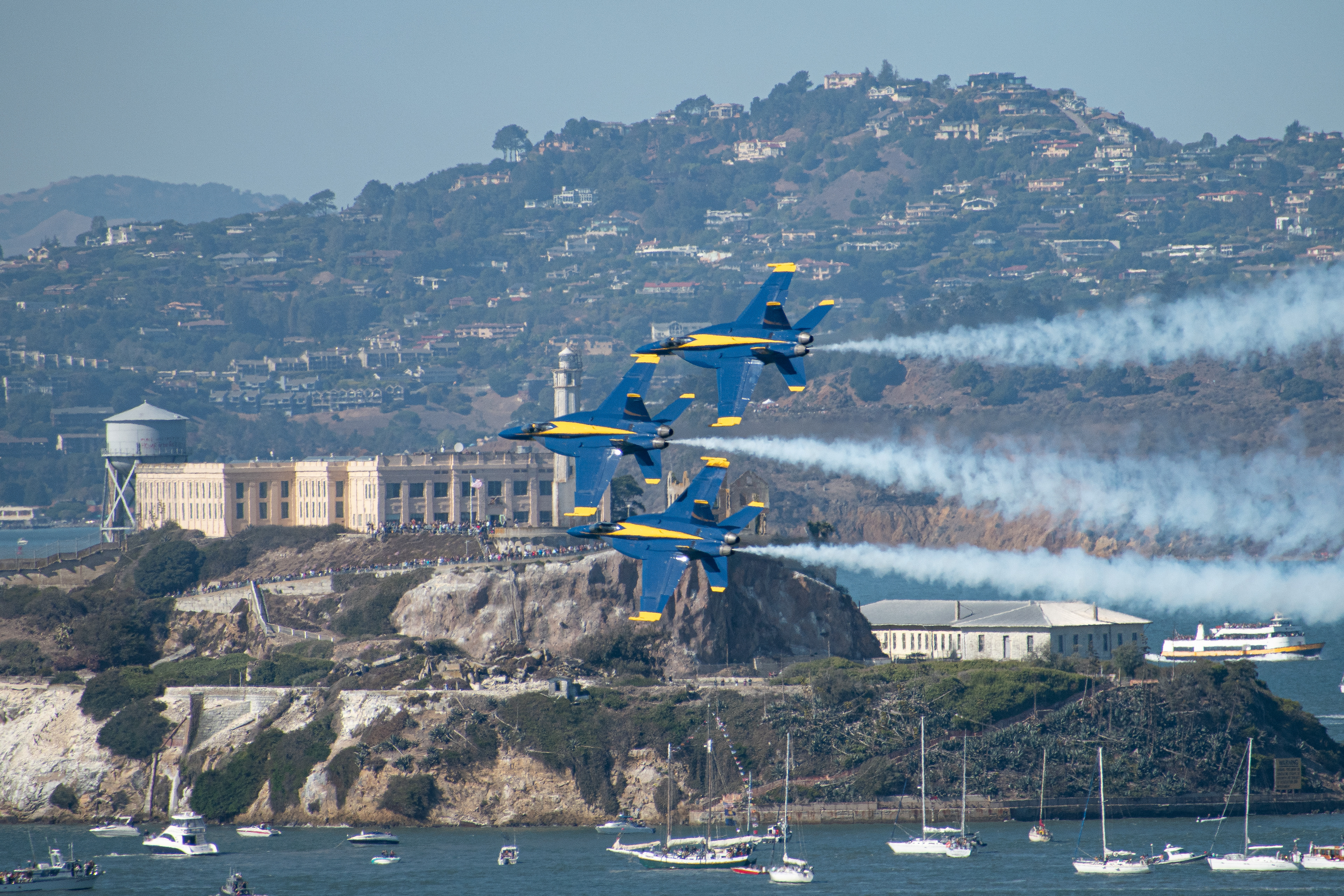 US Navy Blue Angels fly in front of Alcatraz
