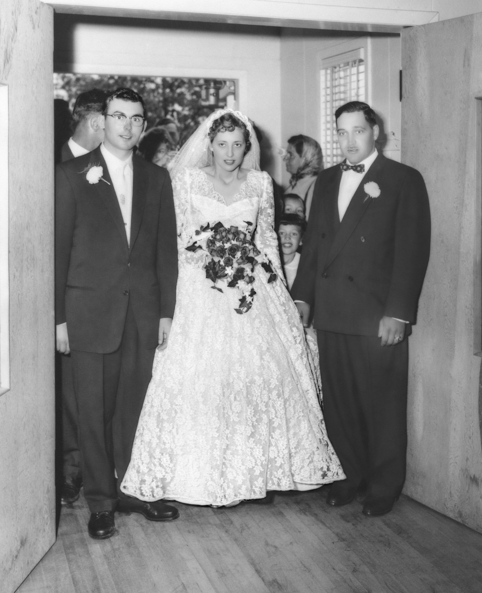 16 Jul 1956 • Wedding Day • L to R: John Huculak - Kathleen Shewchuk - Steve Shewchuk (Kathleen's brother), child Julia Megley. See related album in the Huculak section of this family tree site for additional wedding photos.