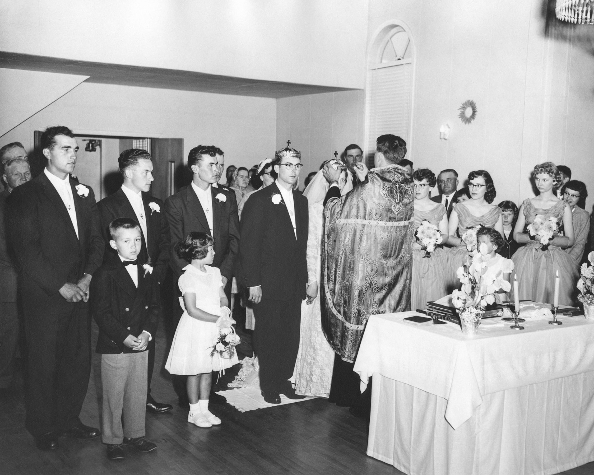 L to R: Don Romanko, Julia Megley, Nick Tatarin, Andy Garrick, George Huculak, John Huculak, Kathleen Shewchuk, George Kachuk and Lena [Shewchuk] Tatarin (background), Evelyn Shewchuk, Julia Kocak, Pat Proniuk, Robben Shewchuk
