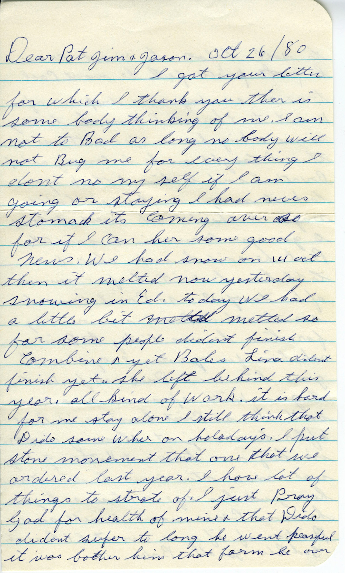 Letters from Christina (Huculak) Shewchuk (Genealogy family ID008) to grand daughter Pat (Megley) Rowland. Letters provided by Pat (Megley) Rowland (Genealogy family ID088)