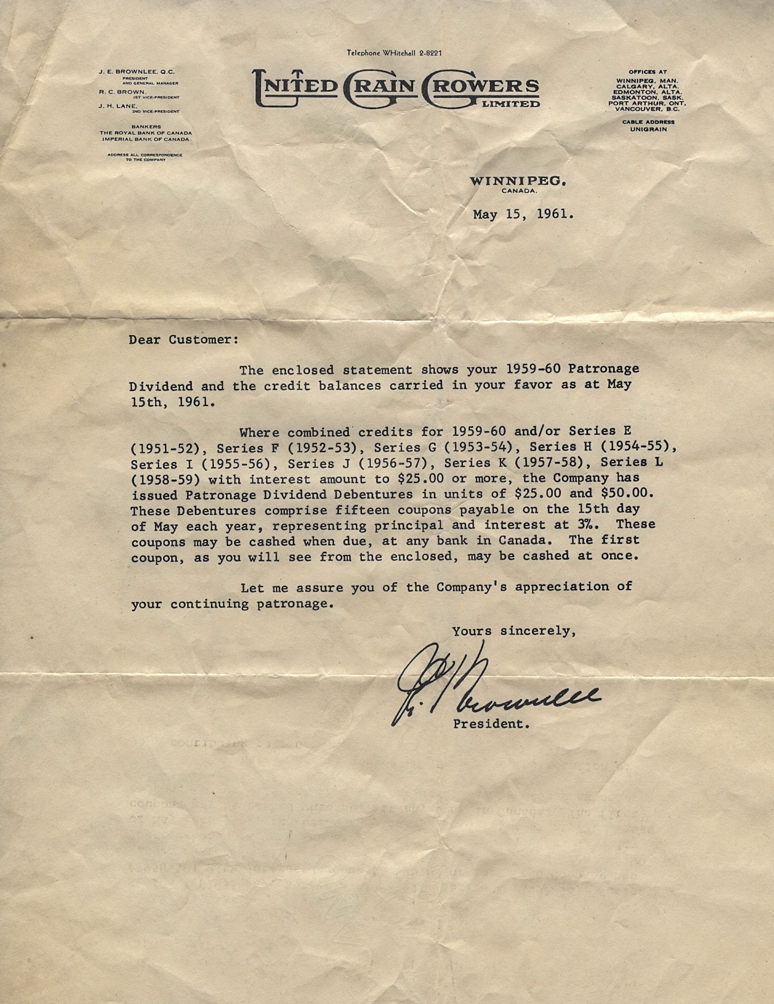 Letter from United Grain Growers to John Huculak SR, 15 May 1961. Typical official type of farming correspondance.
