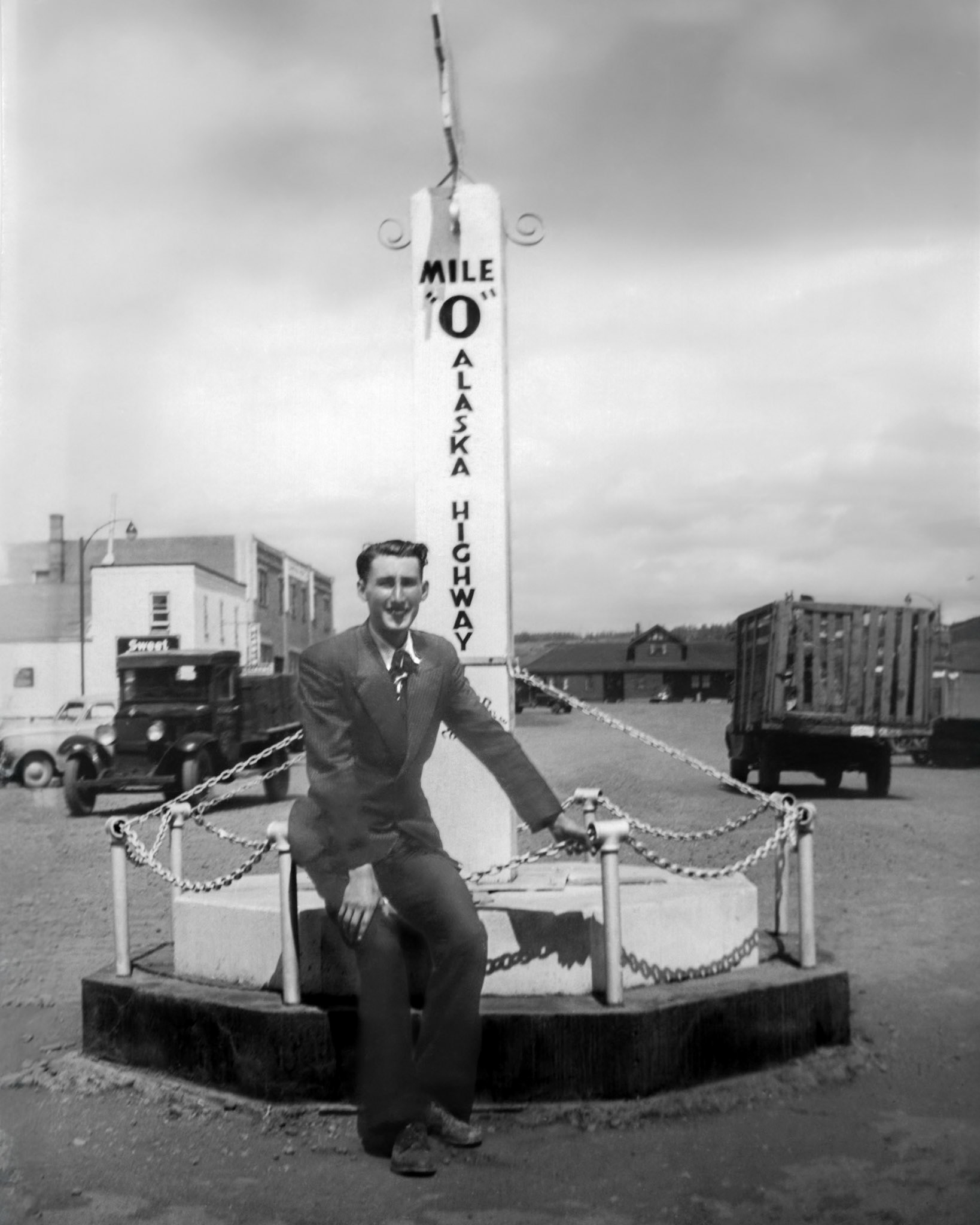 Circa 1948: Billy Shewchuk at mile zero in Dawson Creek, British Columbia