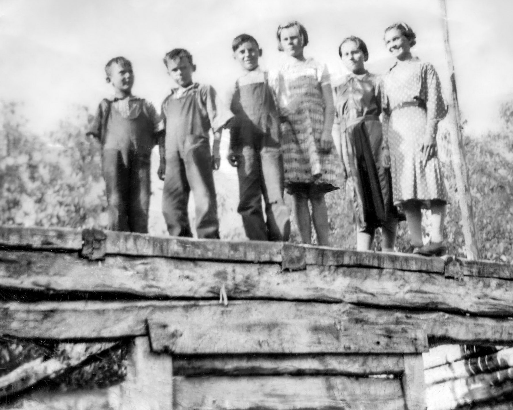 Circa 1938~40 •  Four children of John Huculak SR and Doris [Darda] Huculak. L to R (approx. age): John (6) - George (7) - Metro (10) - Doris (11) - 2 unknown females. On the Huculak family farm northeast of WIllingdon, AB.