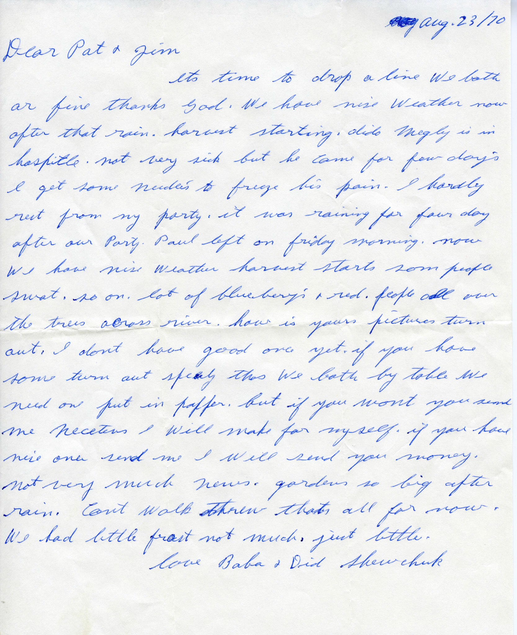 Letters from Christina (Huculak) Shewchuk (Genealogy family ID008) to grand daughter Pat (Megley) Rowland. Letters provided by Pat (Megley) Rowland (Genealogy family ID088)