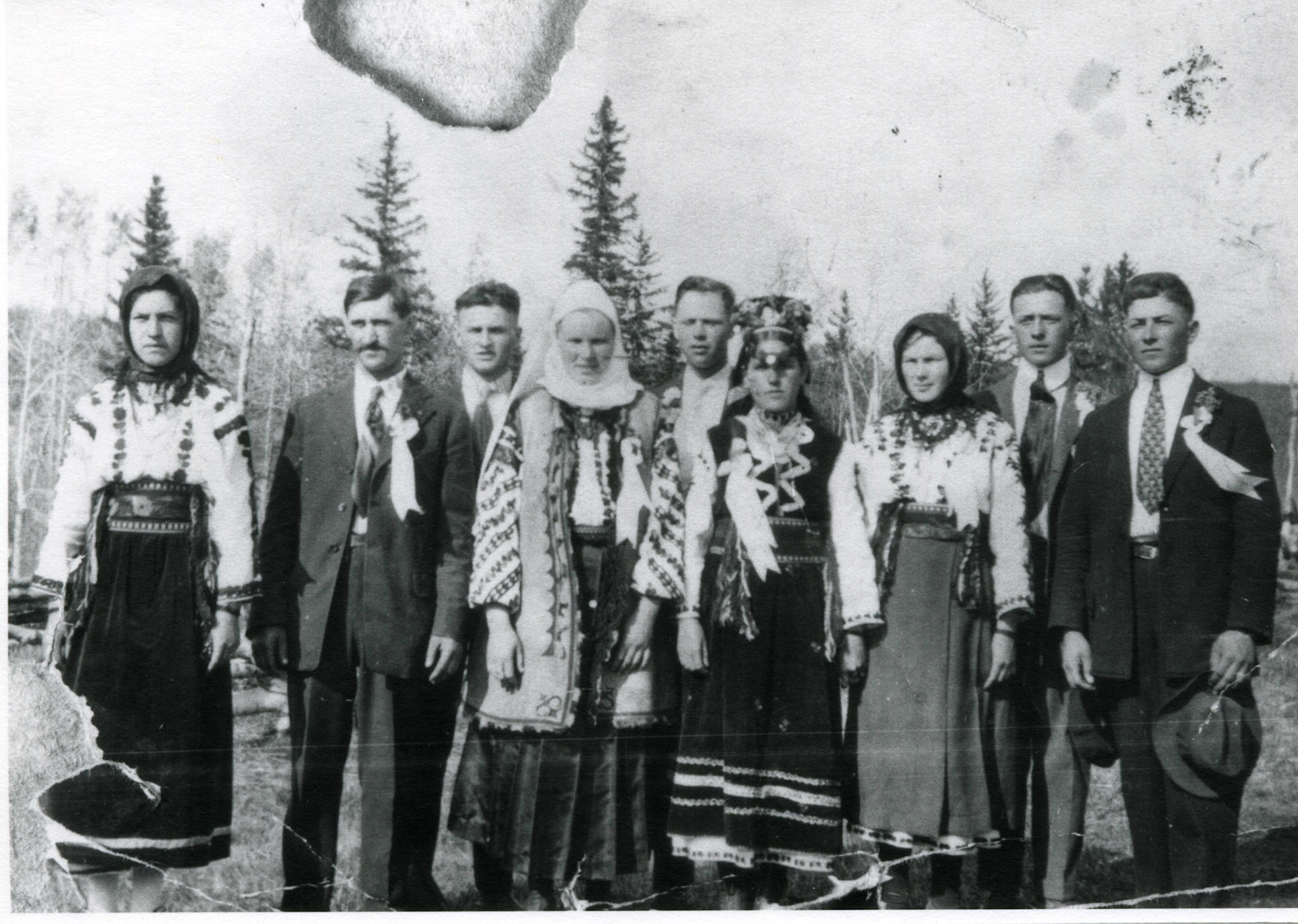 Original unrestored Image for comparison. Far right: Groom John Huculak (brian's grandpa) far right,  Annie Darda  (3rd person from right) group wedding photo.