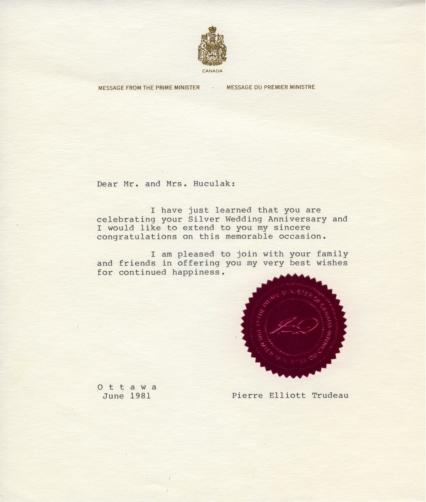 June 1981: Letter of congratulations from Canadian Prime Minister Pierre Trudeau to John Huculak and Kathleen [Shewchuk] Huculak on their 25th (silver) wedding anniversary.