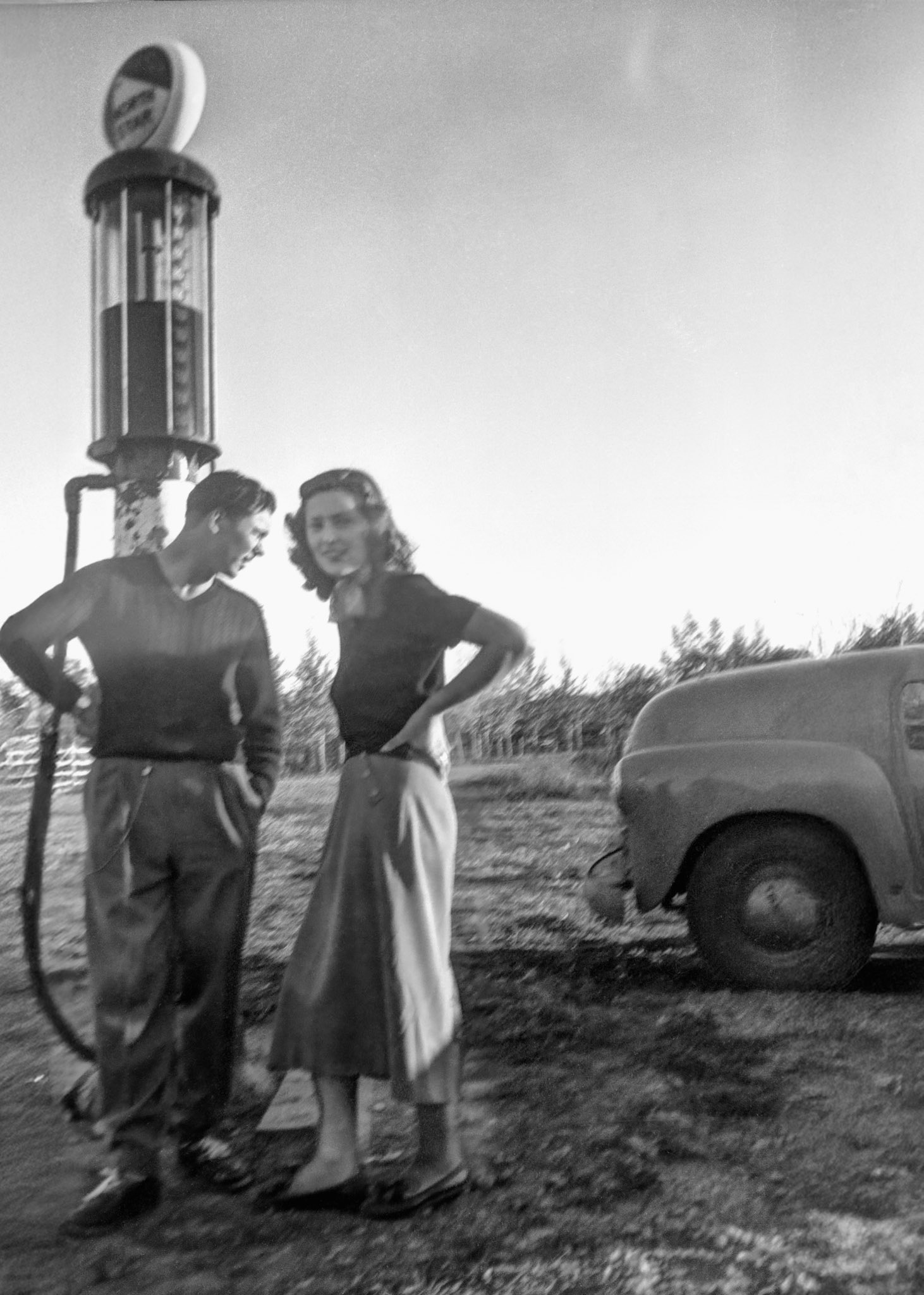 Circa 1952 • John Huculak (19) and Kathleen Shewchuk (18) at Dejerlais Ferry crossing, northeast of Willingdon, AB. This image restoration and reconstruction has been optimized for 5x7 printing but you can adjust cropping if you want to print another size