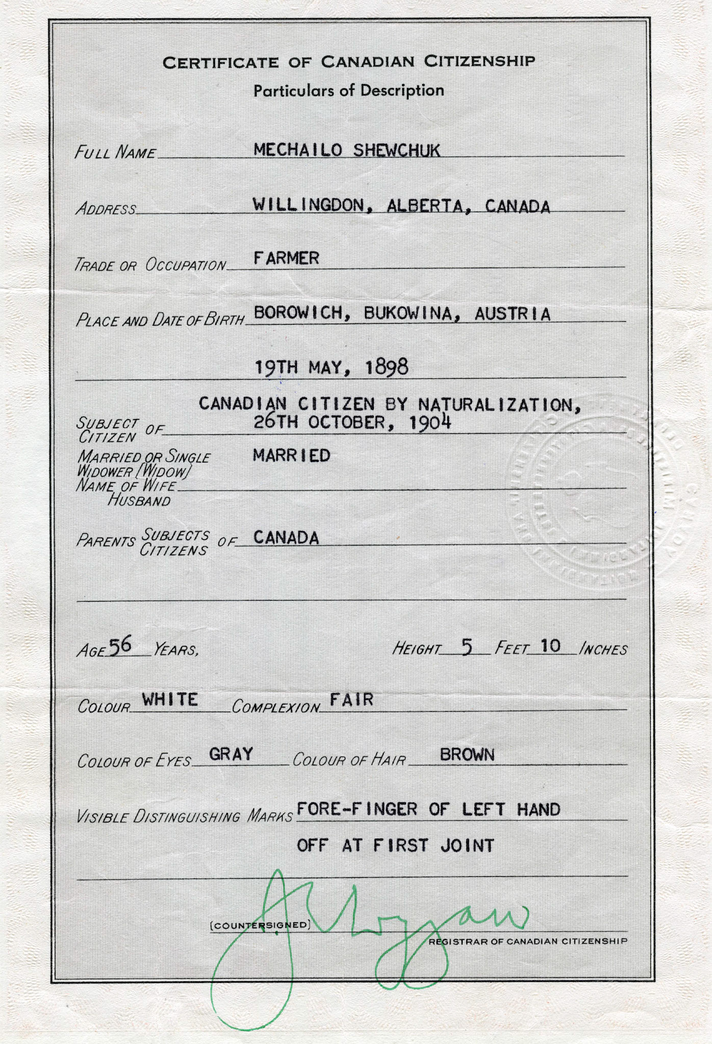 Certification of Canadian Citizenship for Michael (Michailo) Shewchuk, details of citizenship.