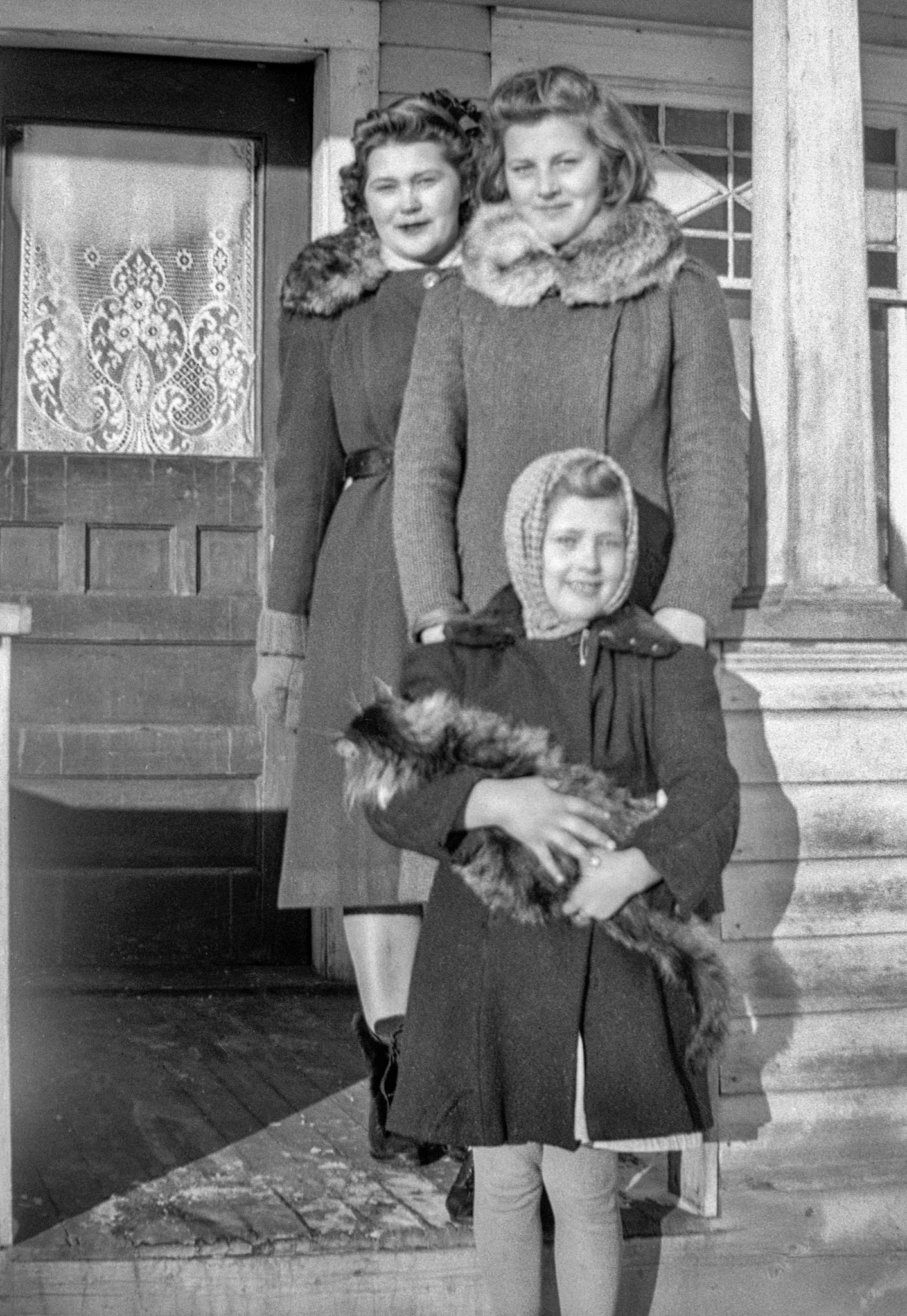 Circa 1942 • Shewchuk sisters back to front: Nettie (Nastasia) (20) - Lena (Wasylena) (13) - Kathleen (8) on the family farm near Willingdon, AB