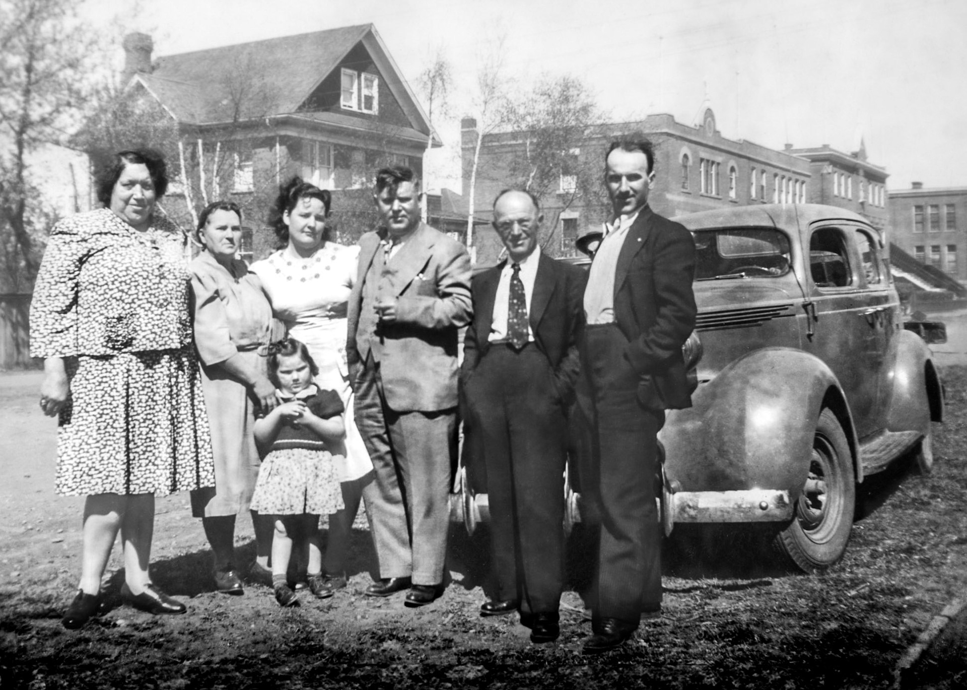 Circa 1950 • L to R: Alice Shalk (wife of Nick Shalk) - Dora Harasym  - Betty Huculak (wife of Sam Huculak) - Nick Shalk (formerly Nick Huculak) - John Harasym - Sam Huculak (Nick's brother)- child Doreen Harasym. Genealogy context: Nick Shalk [Huculak] is the brother of John Huculak SR (not pictured) and Sam Huculak (pictured). Nick is uncle to John Huculak JR (Brian Huculak’s father), or Great Uncle to Brian Huculak