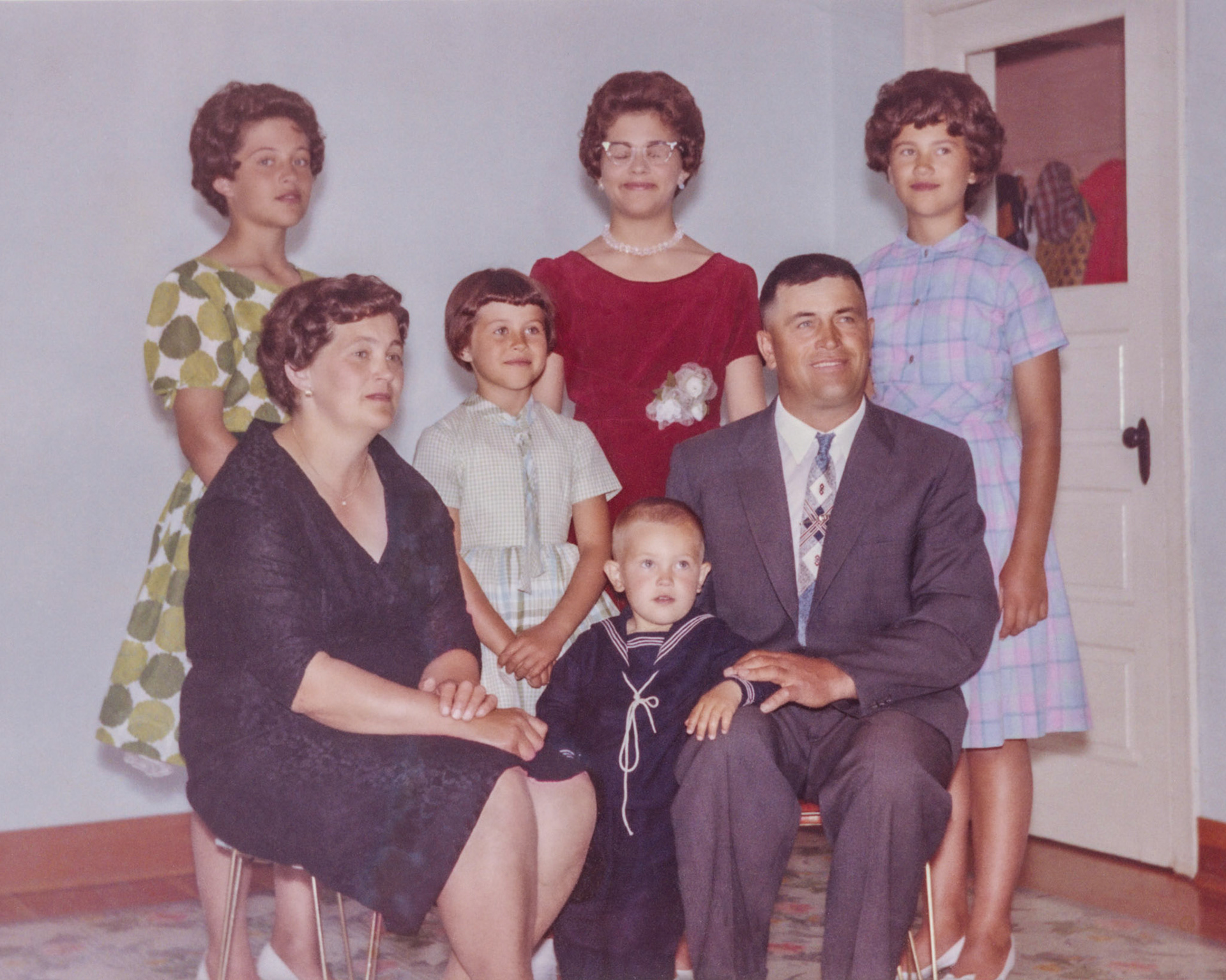 Jul 1962 • Megley Family. Seated: Nettie [Shewchuk] Megley (40) - Metro Megley. Children L to R:  Julia (15) - Olli (9) - Lorna (17) - Pat (13) - Jim (4)
