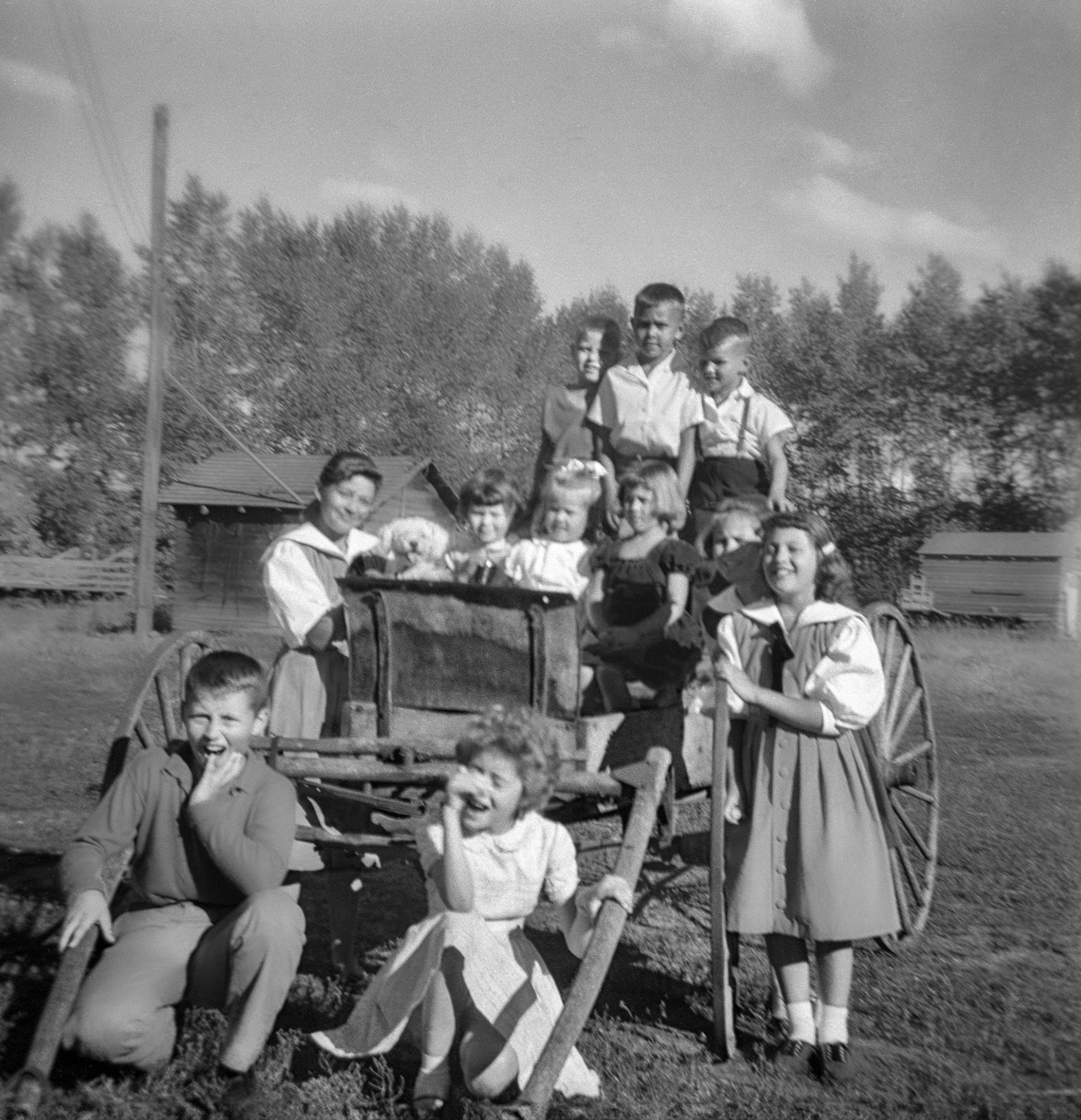 Circa 1959 • L to R: Back - Barry Romanko (7) - Gerry Tatarin (7) - Carl Tatarin (6) - Middle - Lorna Megley (14) - the dawg - Karyn Shewchuk (6) - Anita Shewchuk  (5)- Olli Megley (6) - Pat Megley (10) - Julia Megley (12) - Front - Donald Romanko (11) - Robben Shewchuk (9)