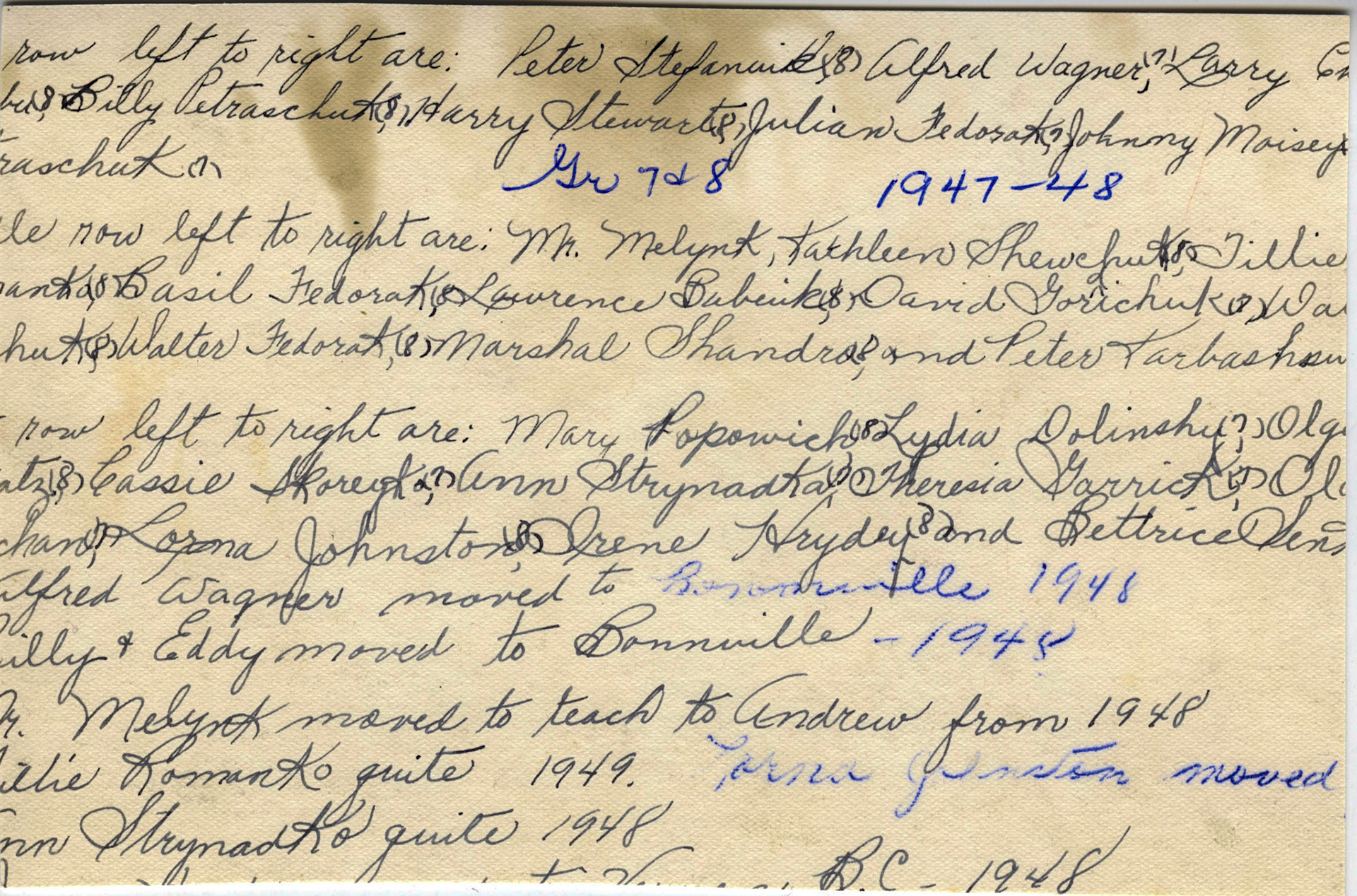 BACK (image 2 of 2) 1947-48 Williongdon School class photo. Provided here as it has a variety of hand written names. Kathleen Shewchuk is noted below the blue text 1947-48. Sadly, data is cut off on original content available to scan as shown. Unknown as to why. Provided for context as to possible names in image.