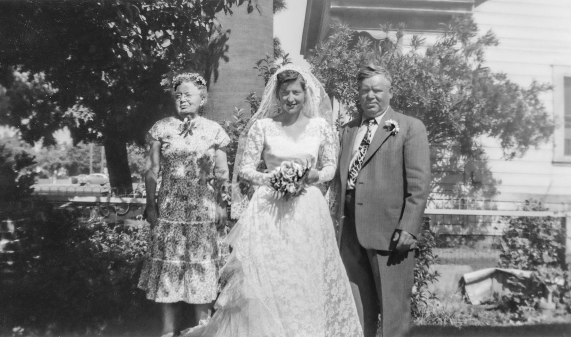 28 June 1956, Niles, California. bride Kathleen [Shewchuk] Huculak with Nick Shalk (Huculak), uncle to John Huculak. Female to left, unknown, likely 2nd or 3rd wife of Nick Shalk. Photo credit: unknown but likely John Huculak