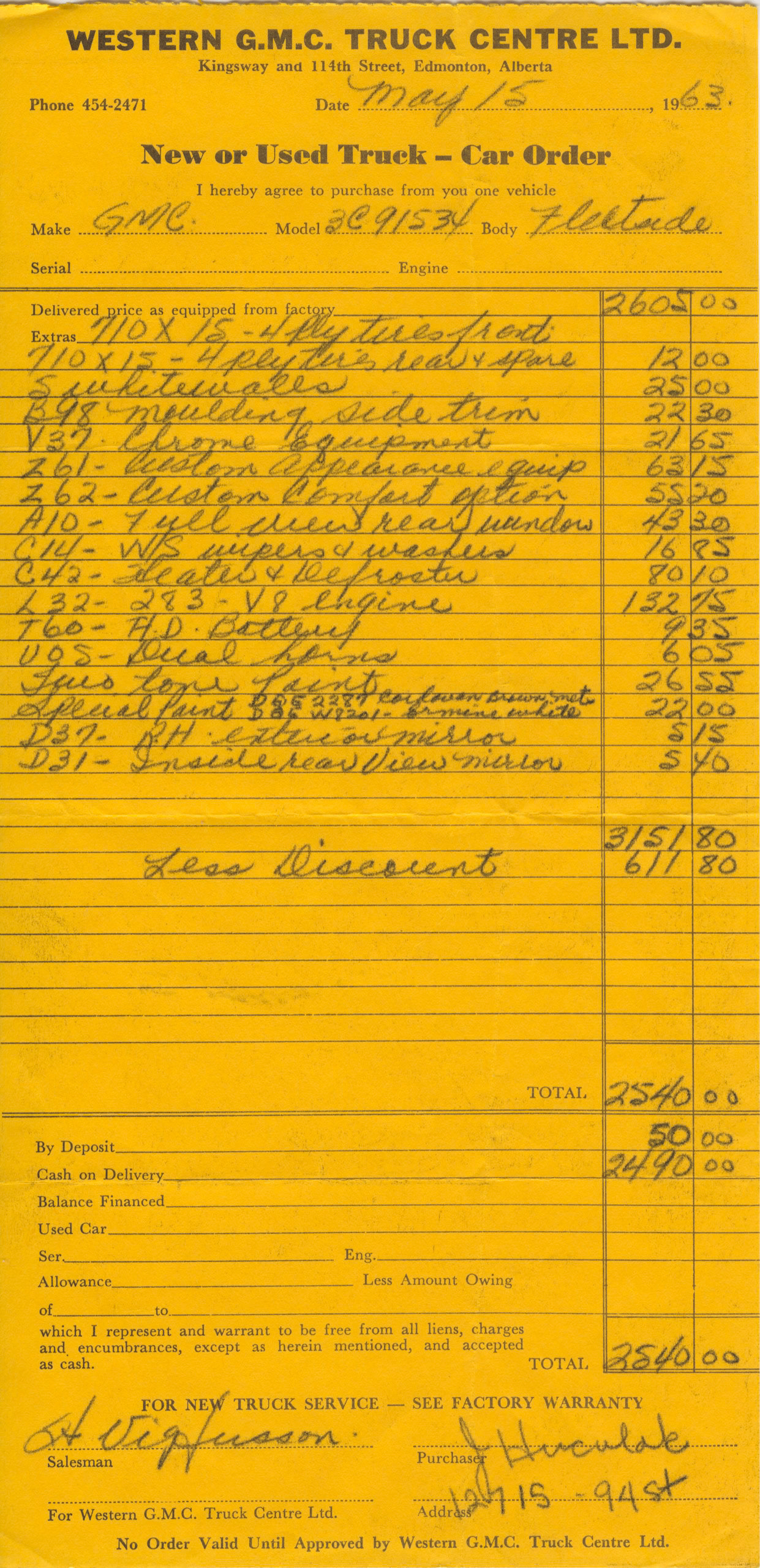 15 May 1963 GMC Fleetside pickup truck: 283 HP V8 Engine, dual horns, two tone paint, windshield wipers and washers, and inside rear view mirror to compliment the full view rear window are just some of the line items on one of John Huculak's vehicle purchases for a whopping $2540.00