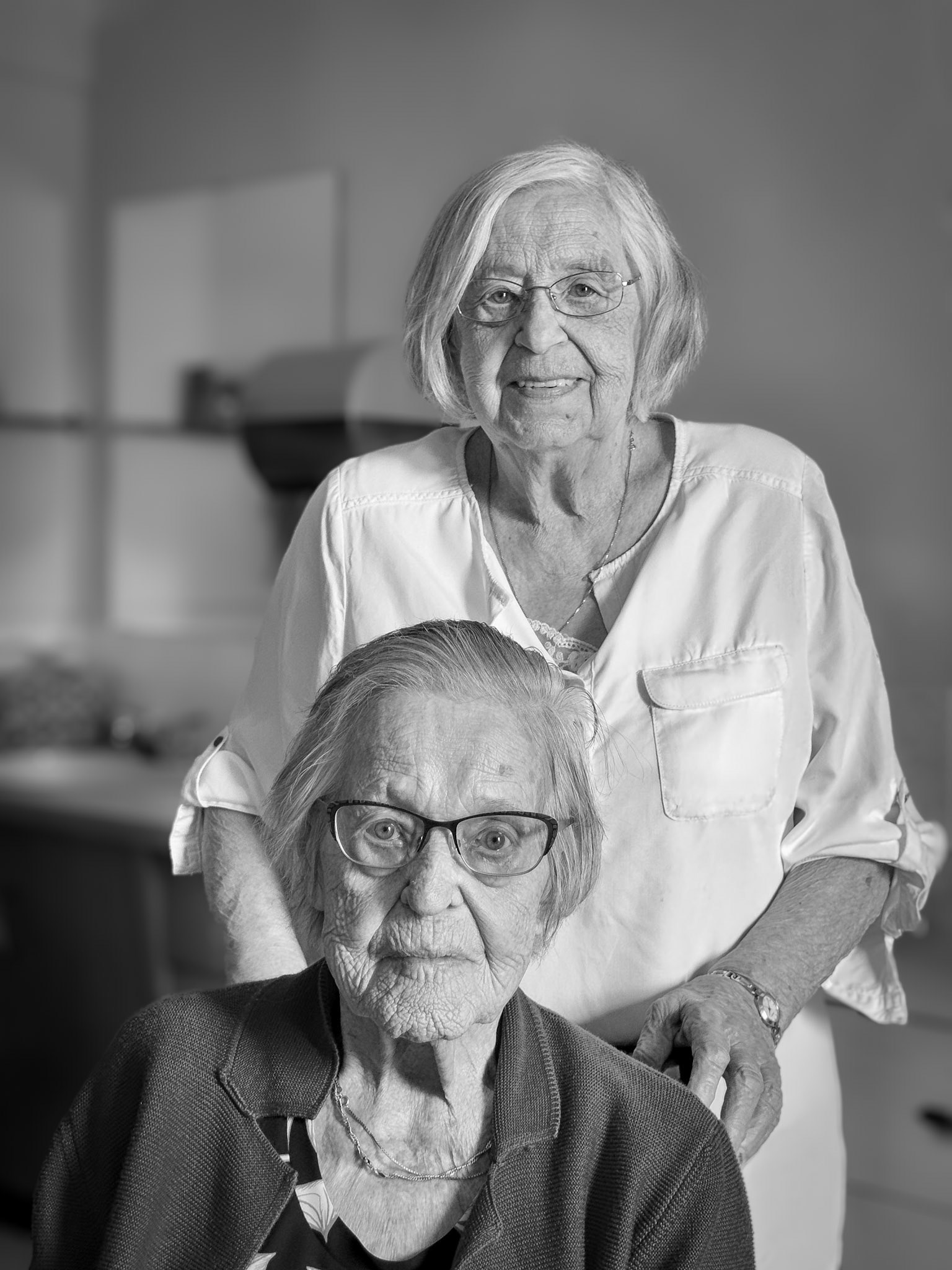 12 Jul 2023 • Sisters Kathleen [Shewchuk] Huculak (89) and Eleanor [Shewchuk] Romanko (99), Edmonton, AB. Daughters of Mike Shewchuk and Christina [Huculak] Shewchuk. Photo credit: Brian M Huculak