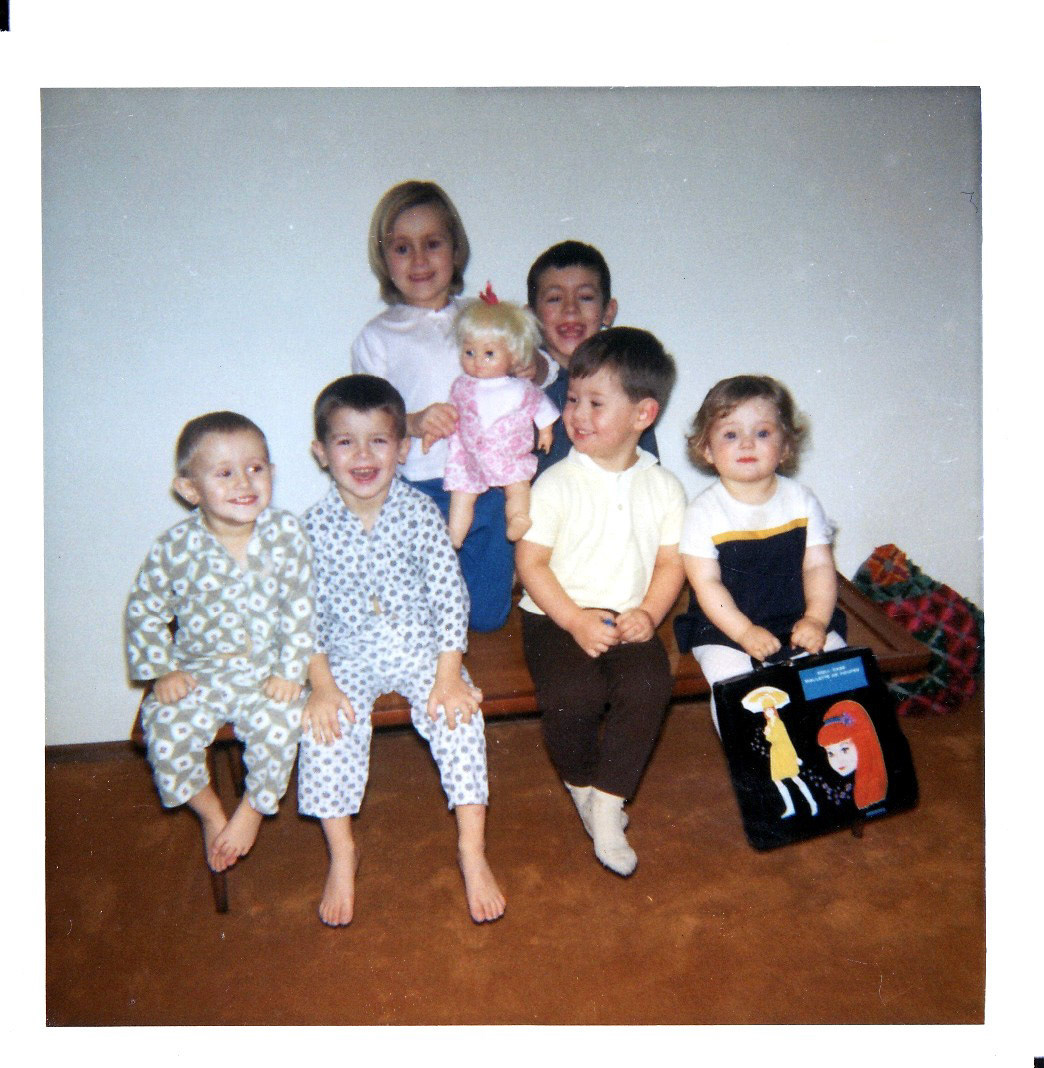 Huculak Cousins c. 1969  LtoR front: Wayne, Trevor, Brian, Lee-Ann. Back: Kelly, Ken. Children of John Huculak and George (Willis) Huculak. Photo credit: Unknown but likely either  Kathleen [Shewchuk] Huculak or Erika [Borm] Huculak. Scanned photograph posted here as provided courtsey of Kelly [Huculak] Daye (Daughter of George and Ricki Huculak.