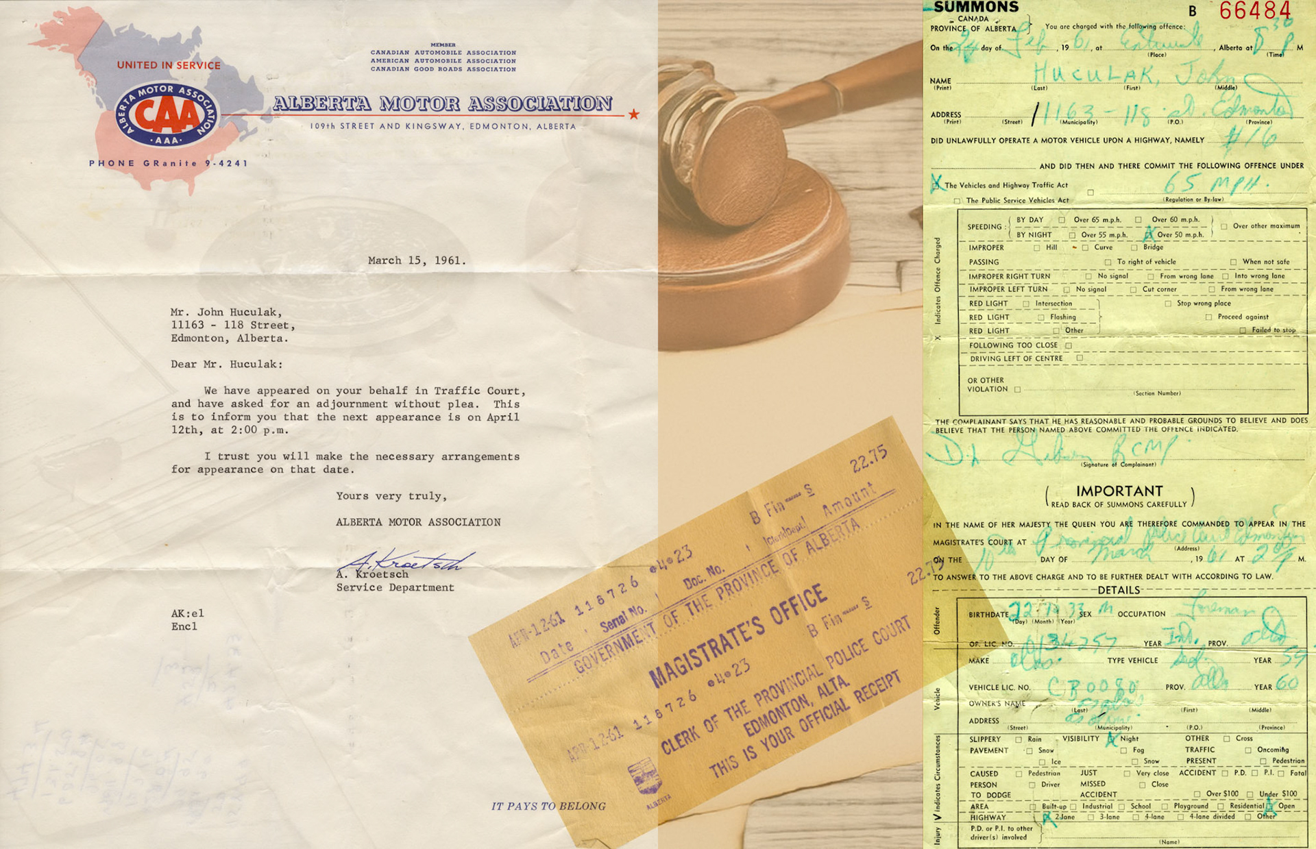 1961 - Feb+Mar+Apr: John Huculak gets pinched for speeding 15mph over legal limit - DAD :-O From assorted documents from Kathleen Huculak's personal files discovered in 2024.