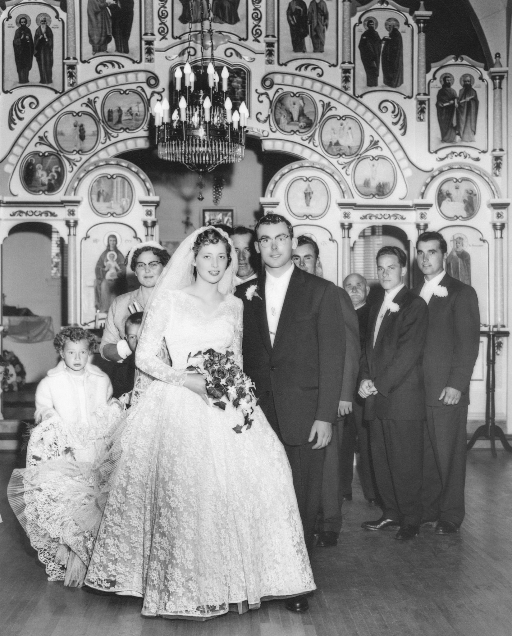 Front to Back, L to R: Kathleen [Shewchuk] Huculak, John Huculak, Robben Shewchuk, Don Romanko (obscured), Lena Tatarin [Shewchuk] George Kachuk, George Huculak, likely Andy Garrick, Nick Tatarin, background possibly Mike Fedorak (uncle to Kathleen)