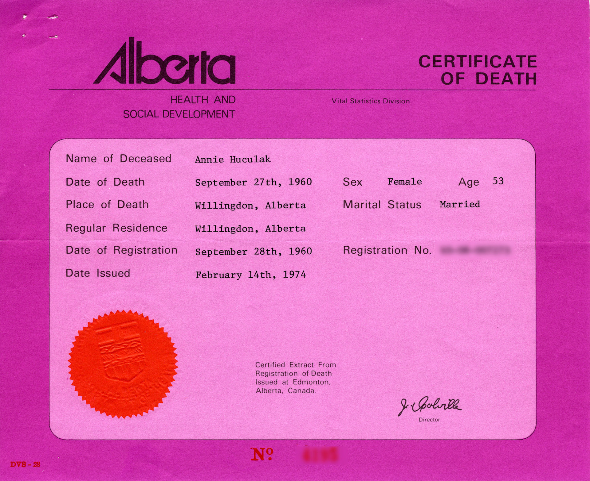 Death Certificate Annie [Darda] Huculak 1960