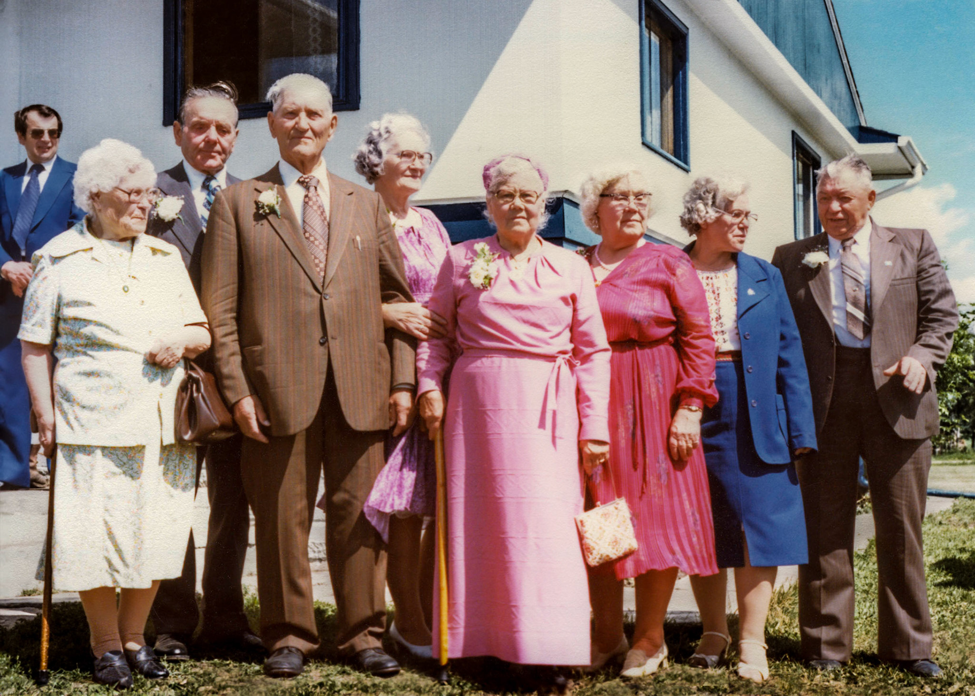 60th Wedding Ann. 1980 on Farm of John and Lena  [Shewchuk] Tatarin northeast of Willingdon, AB. People L to R: Dr Alex Omelchuk (background) - ? female - Nick J Shewchuk - Mike Shewchuk (groom) -Maria [Fedorak] Shewchk spouse of Nick J image left - bride Christina [Huculak] Shewchuk - sister of bride Mabel  [Shewchuk] Zukiswky (couild be another sister?) - ? female - ? male. Photo credit: Brian M Huculak