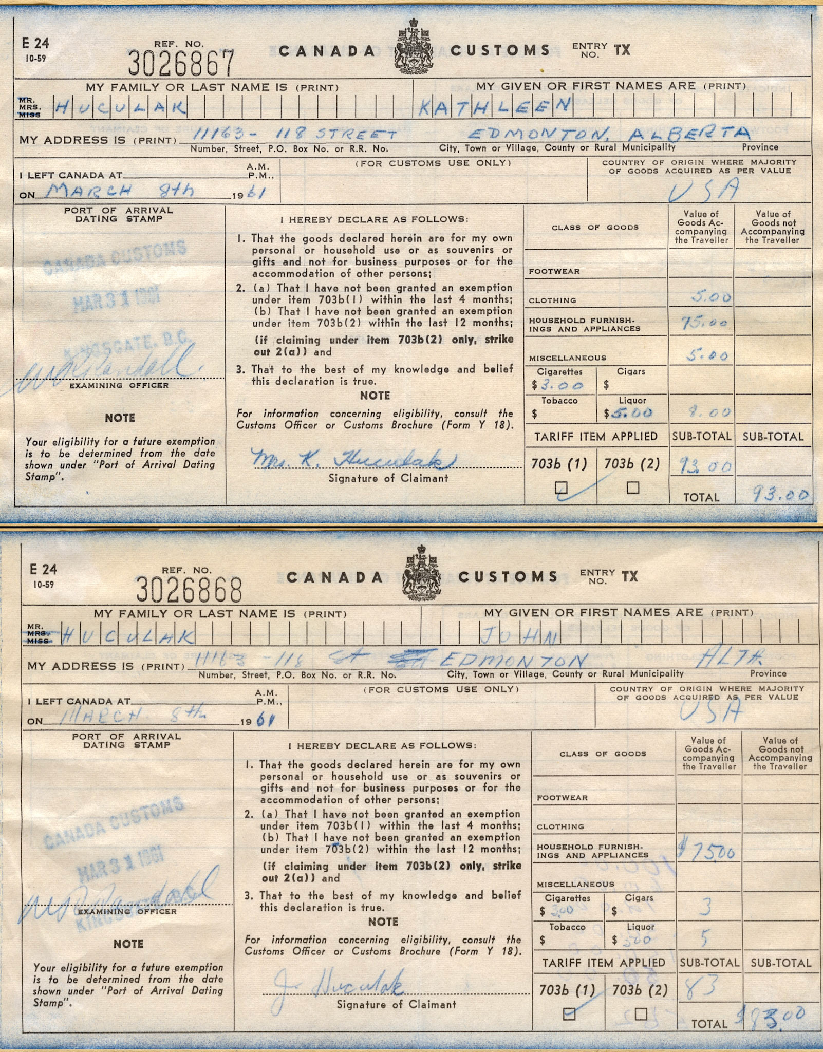 31 March 1961: Canada Customs entry form John and Kathleen Huculak's road trip to and from the United States. From Kathleen's personal scrapbook of travel memories.