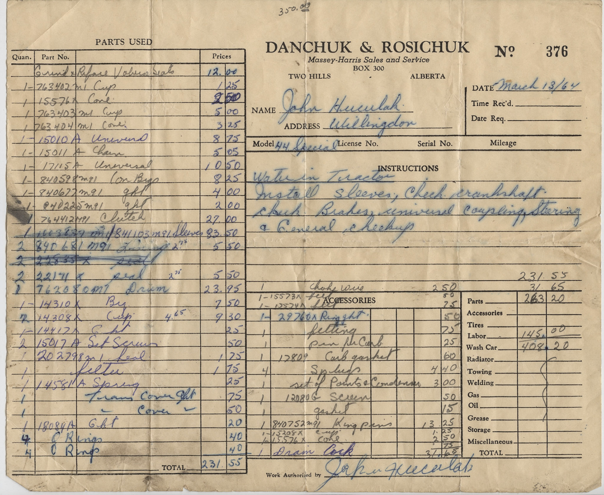 13 March 1964. Typical type of itemized receipts for mechanical worked carried out on farm equipment. John Huculak SR, Willingdon, AB, Scan and unedited by Brian Huculak.