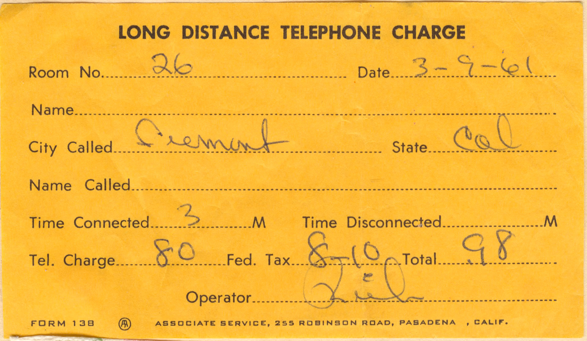 March 9th, 1961: receipt for long distance phone call made fwithin California by either John or Kathleen Huculak. Presumed to be on trip to Niles, CA to visit John's uncle Nick SHalk [Huculak]. From Kathleen's personal scrapbook of travel memories.