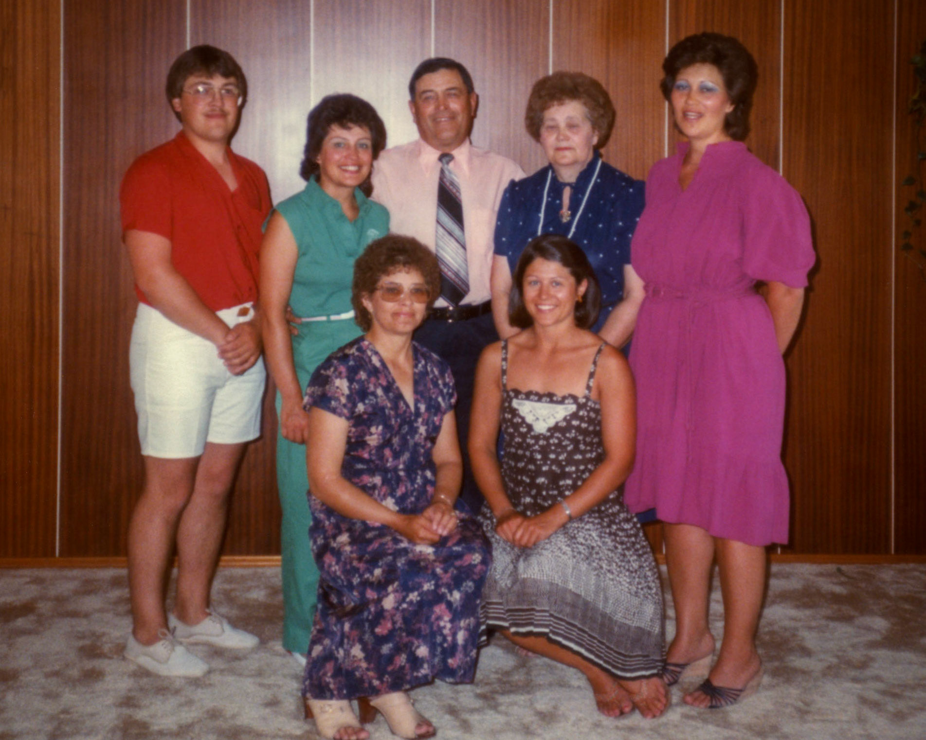 Circa 1975: Family of Metro Megley (center) and Nettie [Shewchuk] Megley (right of center) with their children in Edmonton, Alberta.  L to R: Jim, Julia, Pat (all standing). Seated:  Lorna (L), Olli (R)