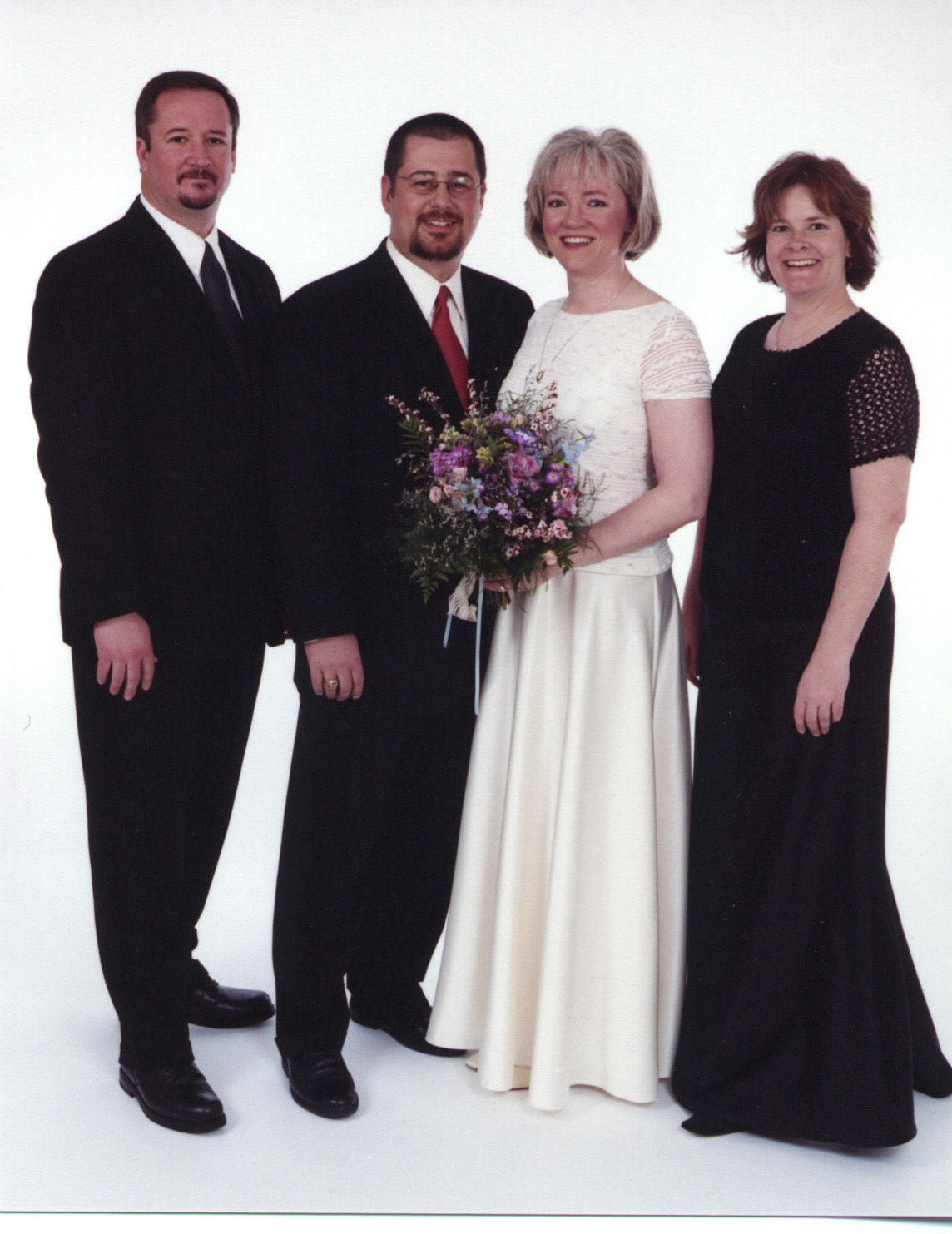 10 May 2003: Wedding day photos, Denver, Colorado. L to R: David Maze - Brian Huculak - Paula Rosson - Julie Clark. Photo credit: Memories by Triva