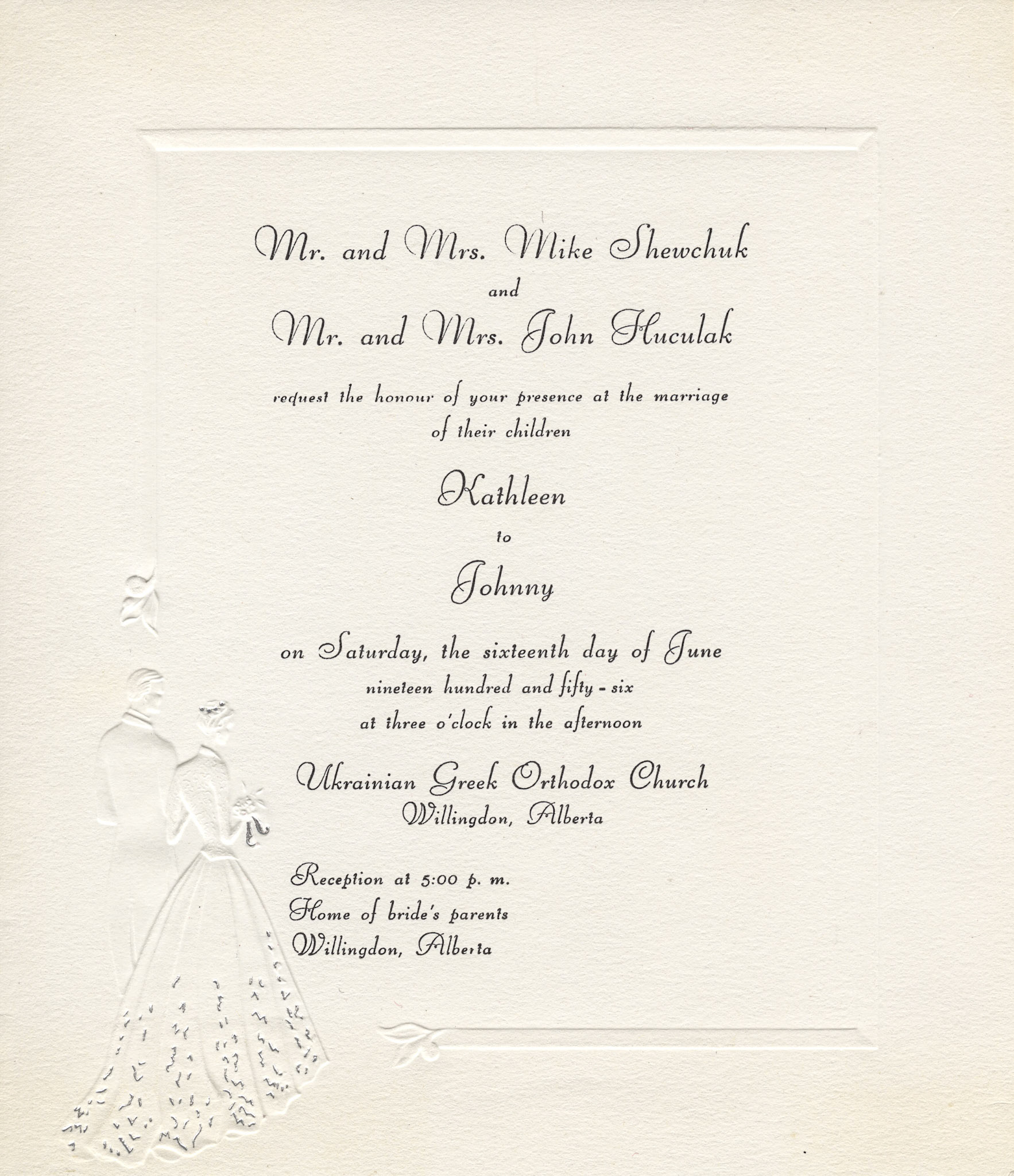 1956: Wedding Invitation for John Huculak and Kathleen Shewchuk wedding in Willingdon, AB.