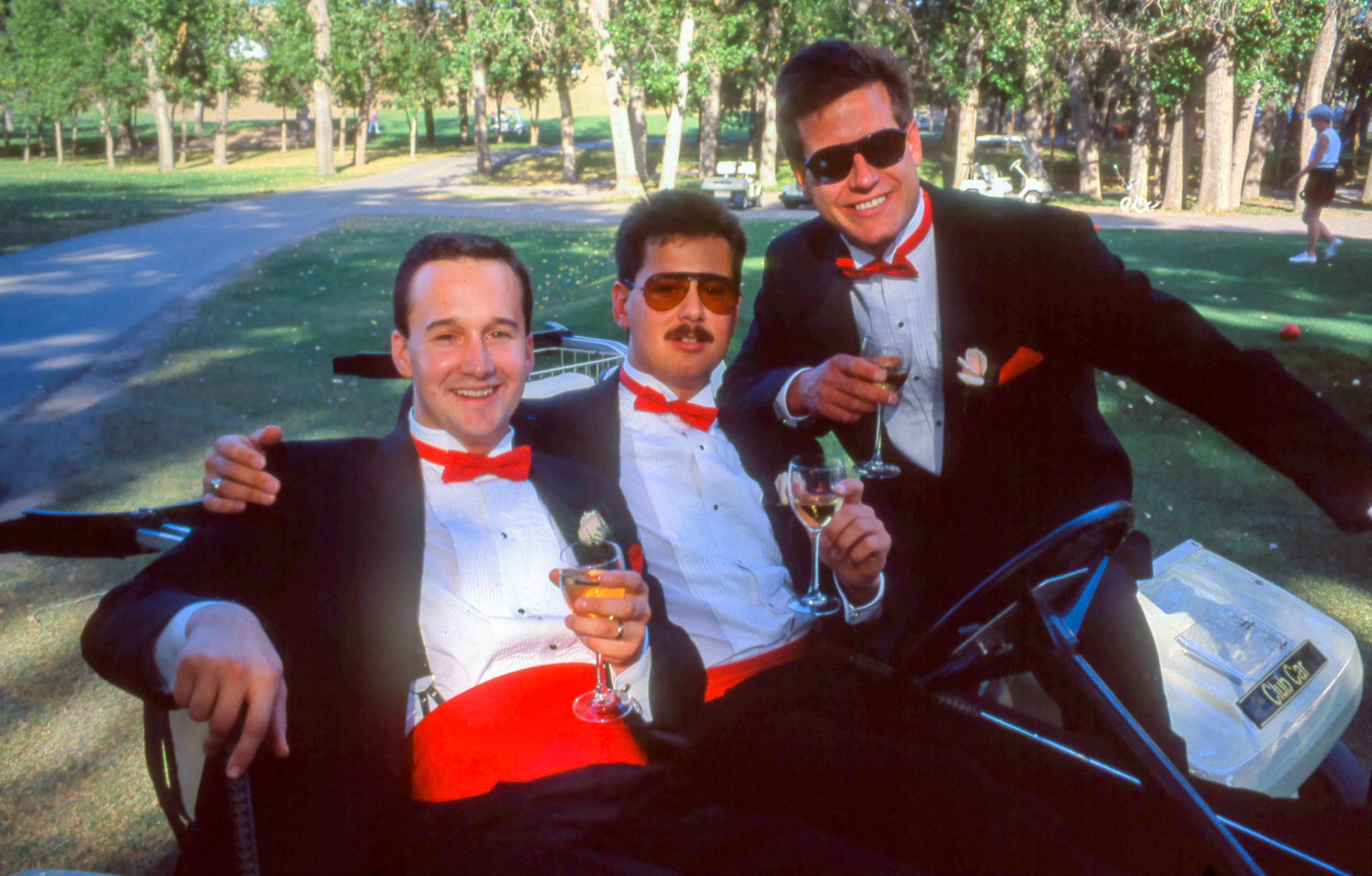 1990: Groomsmen left to right: Larry Maze, Brian Huculak, Craig Selwood at Dave Maze and Helen [Morrison] Maze wedding, Lethbridge Golf &amp; Country Club. Photo Credit: John Huculak.