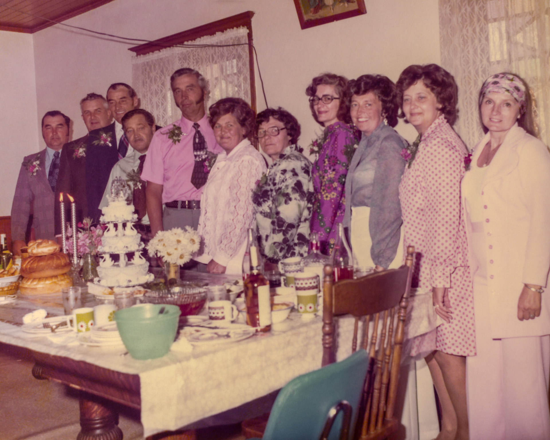 1975 • 25th Wedding Anniversary of John Tatarin (49) and Lena (Wasylena) [Shewchuk] Tatarin (46) on their family farm near WIllingdon, AB. Steve (50) Shewchuk (Brother to Lena) next to John. Kathleen (45) [Shewchuk] Huculak (sister to Lena) second from right